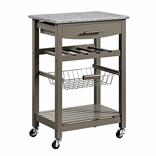 Gray Granite Top Kitchen Island with Wheels - Portable Kitchen Cart, Dining Table & Workstation for Small Spaces - Perfect for Cooking, Entertaining & Extra Storage