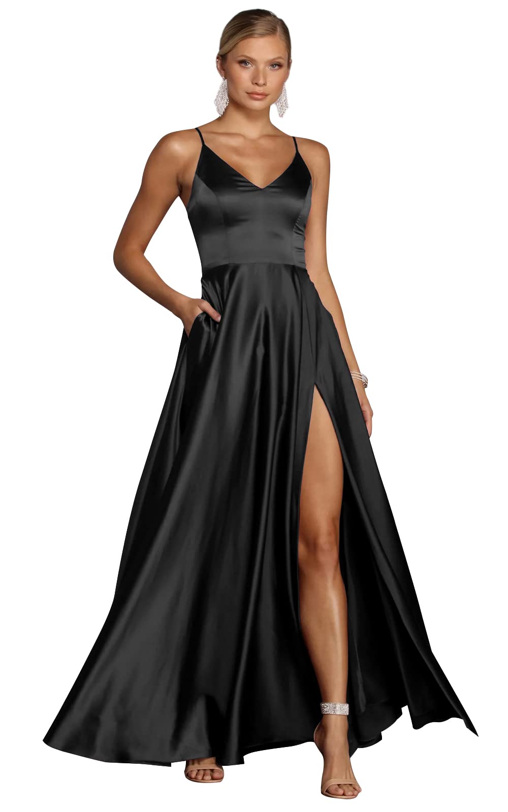 SOLODISH Women's Elegant Spaghetti Strap Prom Dress Long Satin Formal Evening Gown with Thigh High Slit & Pockets - Perfect for Bridesmaids, Homecoming, Cocktail Parties & Special Occasions