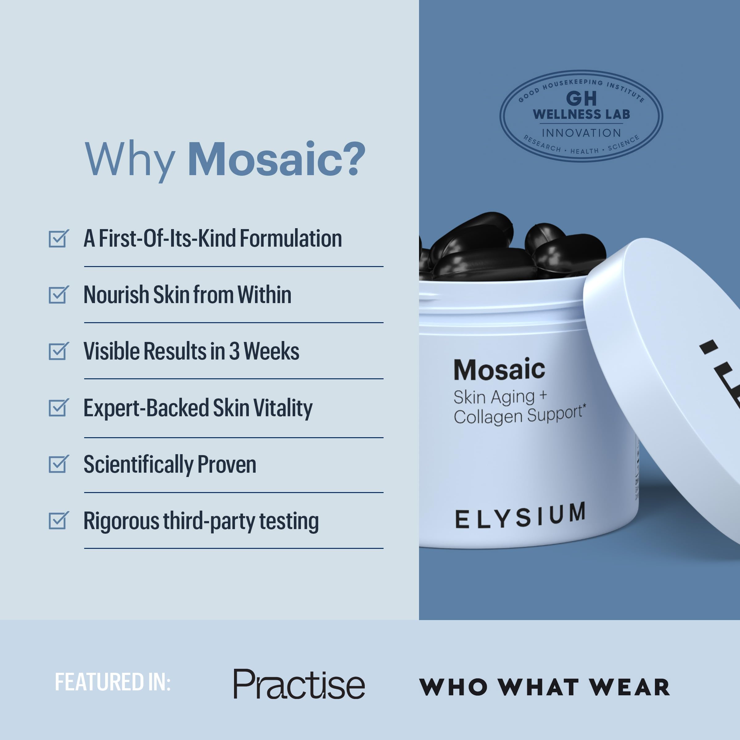 ELYSIUM Mosaic Hyaluronic Acid & Collagen Supplement - Clinically Proven Anti-Aging Formula for Fine Lines & Wrinkles - 30 Vegan Softgels (30-Day Supply) - Perfect for Daily Skincare Routine & Travel