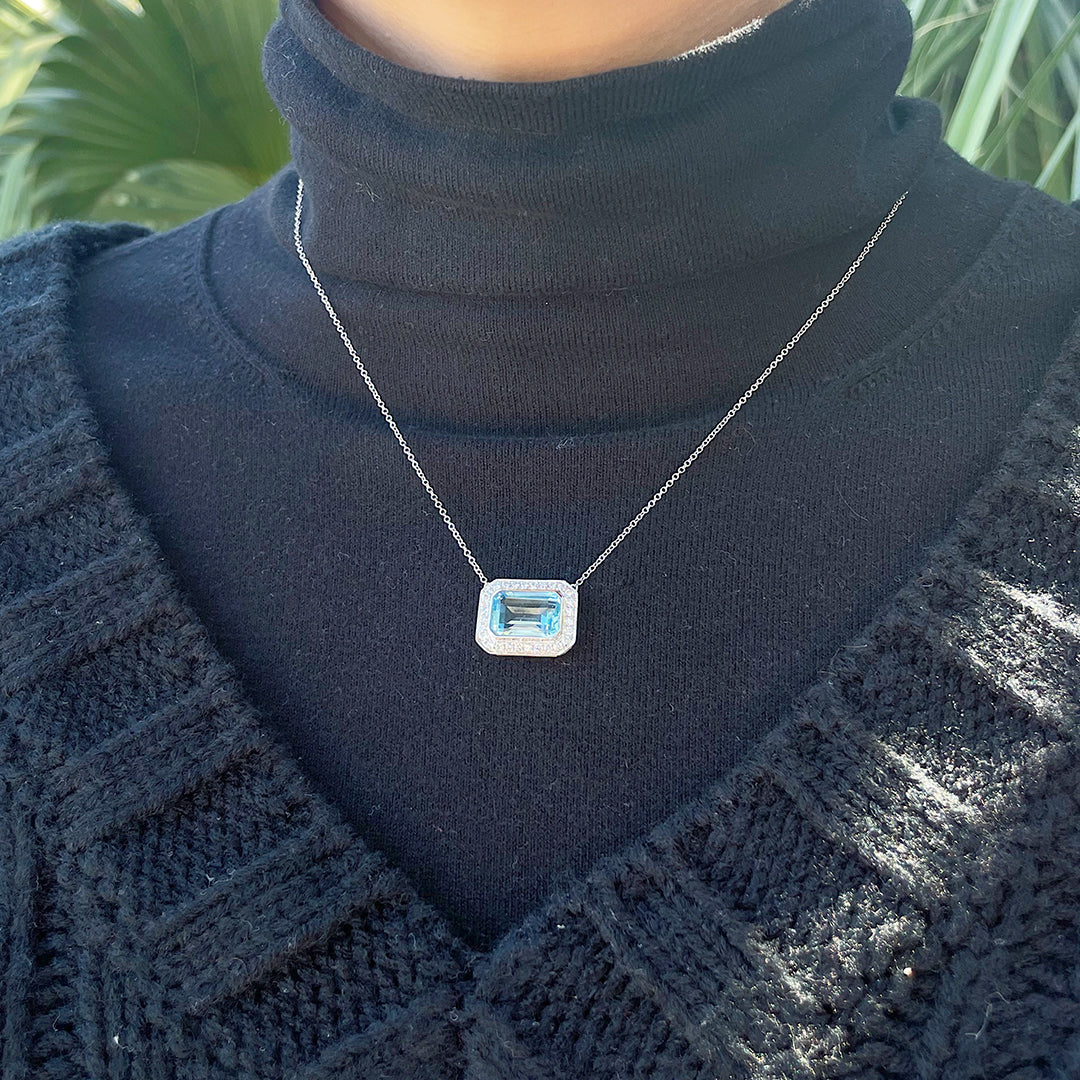 Exquisite 18K Gold Emerald Cut Blue Topaz & Diamond Pendant Necklace for Women | Elegant Jewelry Gift for Birthday, Anniversary & Special Occasions
