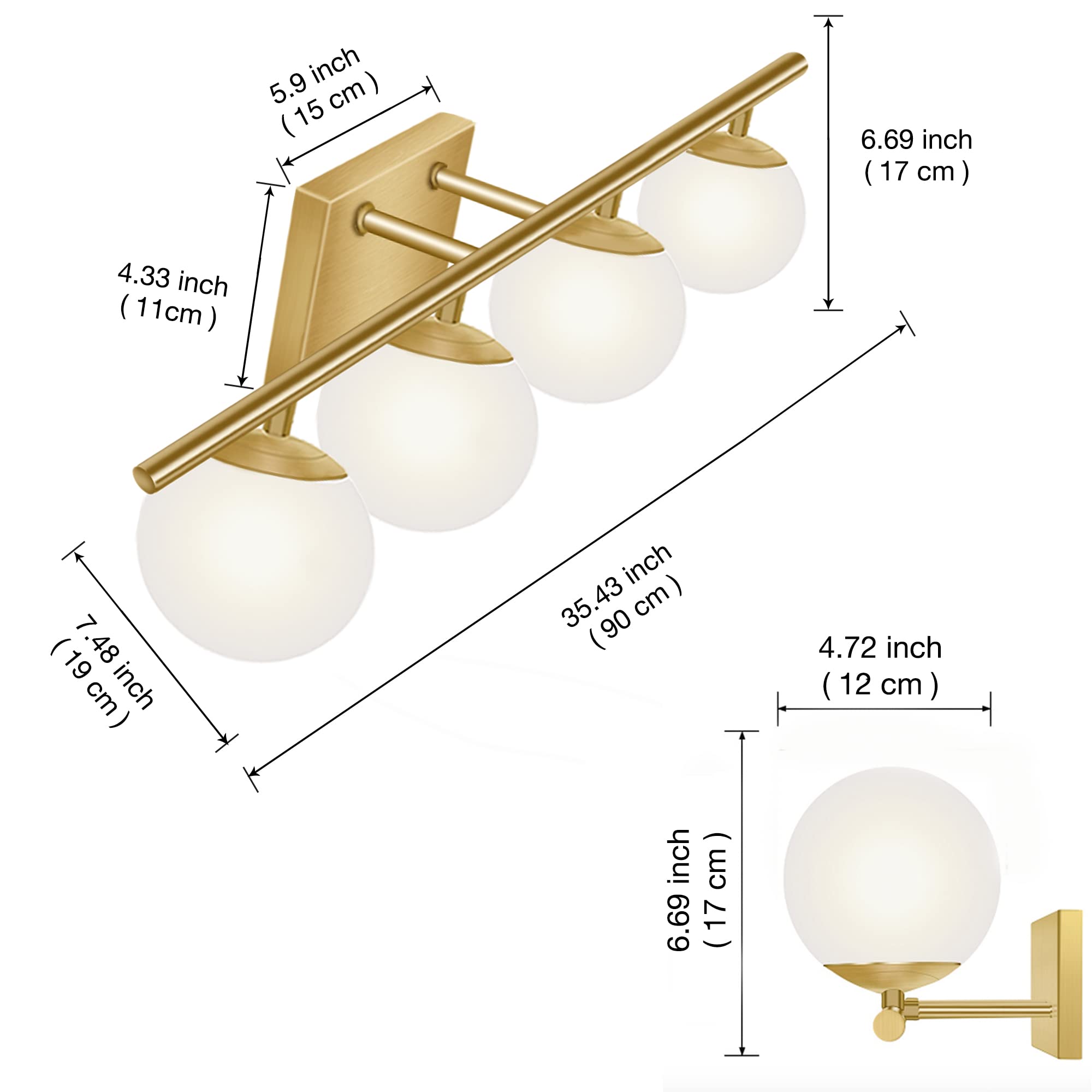 Modern Brushed Brass Bathroom Vanity Light Fixture with Milk White Globe Glass Shade - 4-Light Wall Sconce for Mirror Lighting | Perfect for Bathroom, Powder Room and Dressing Area Makeup Lighting