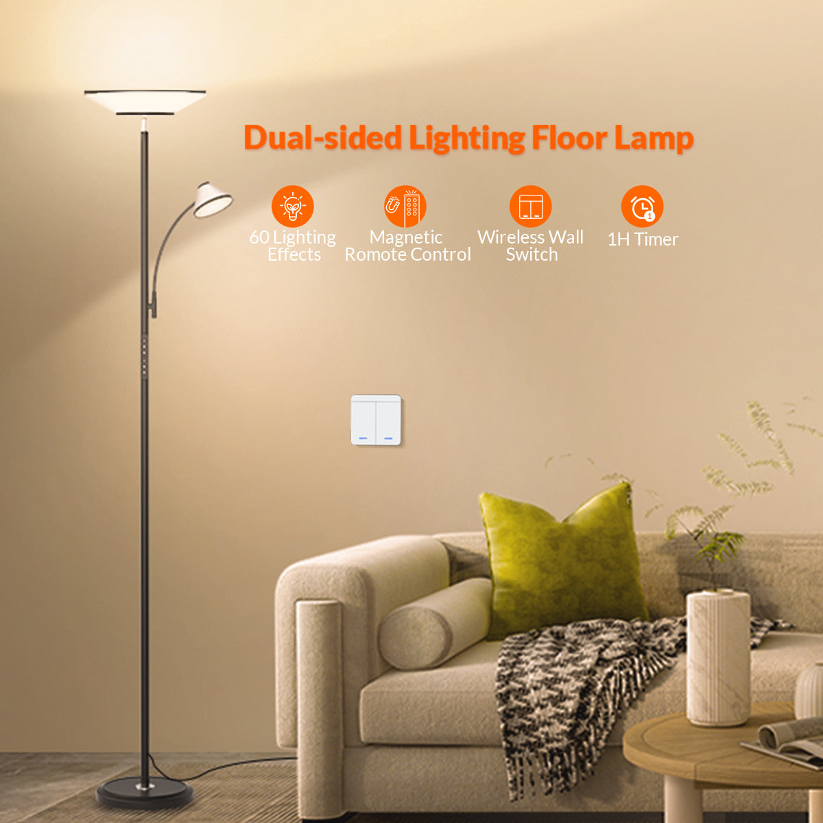 Lepower Tec Torchiere Floor Lamp with Wall Switch & Remote Control - Modern Standing Light for Living Room, Bedroom & Office