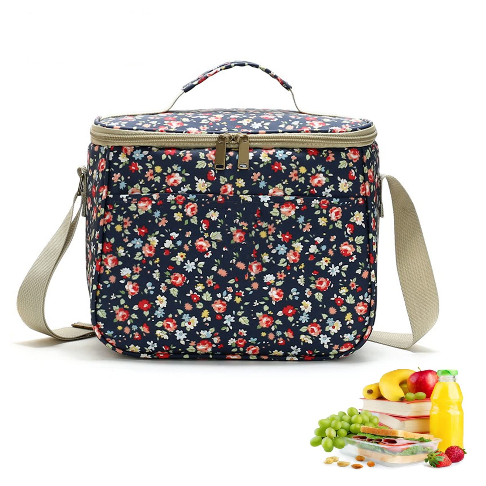 Floral Insulated Lunch Bag for Women & Girls - 9.84in Reusable Lunch Box with Adjustable Shoulder Strap - Navy Blue Floral Design - Perfect for Work, School, Picnics & Outdoor Activities