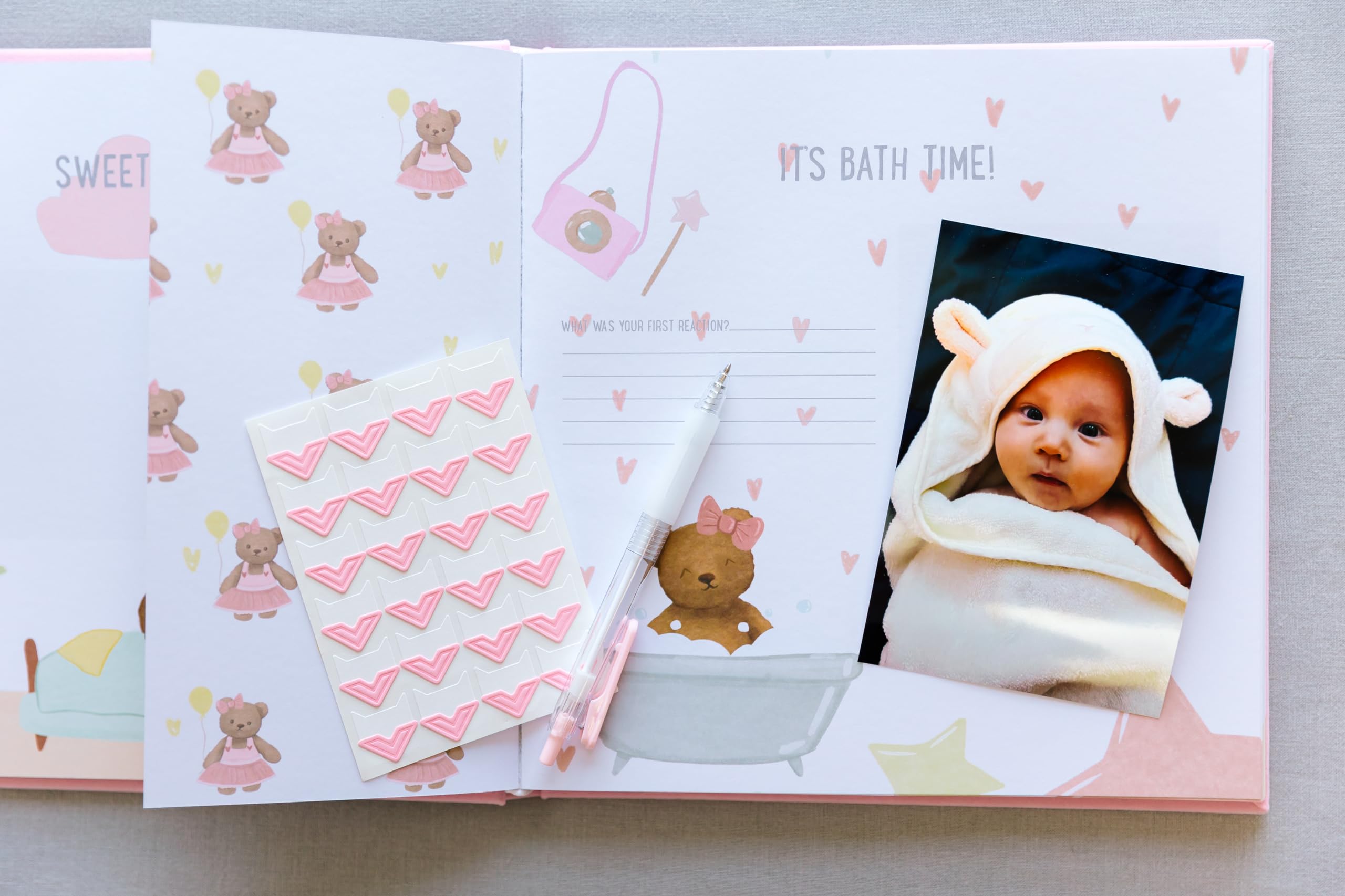 Handmade Baby Memory Book & Photo Album with Keepsake Box - Newborn First Year Scrapbook, Footprint Kit Included - Perfect for Baby Shower Gifts & Milestone Tracking (Teddy Bear Girl, Pink)