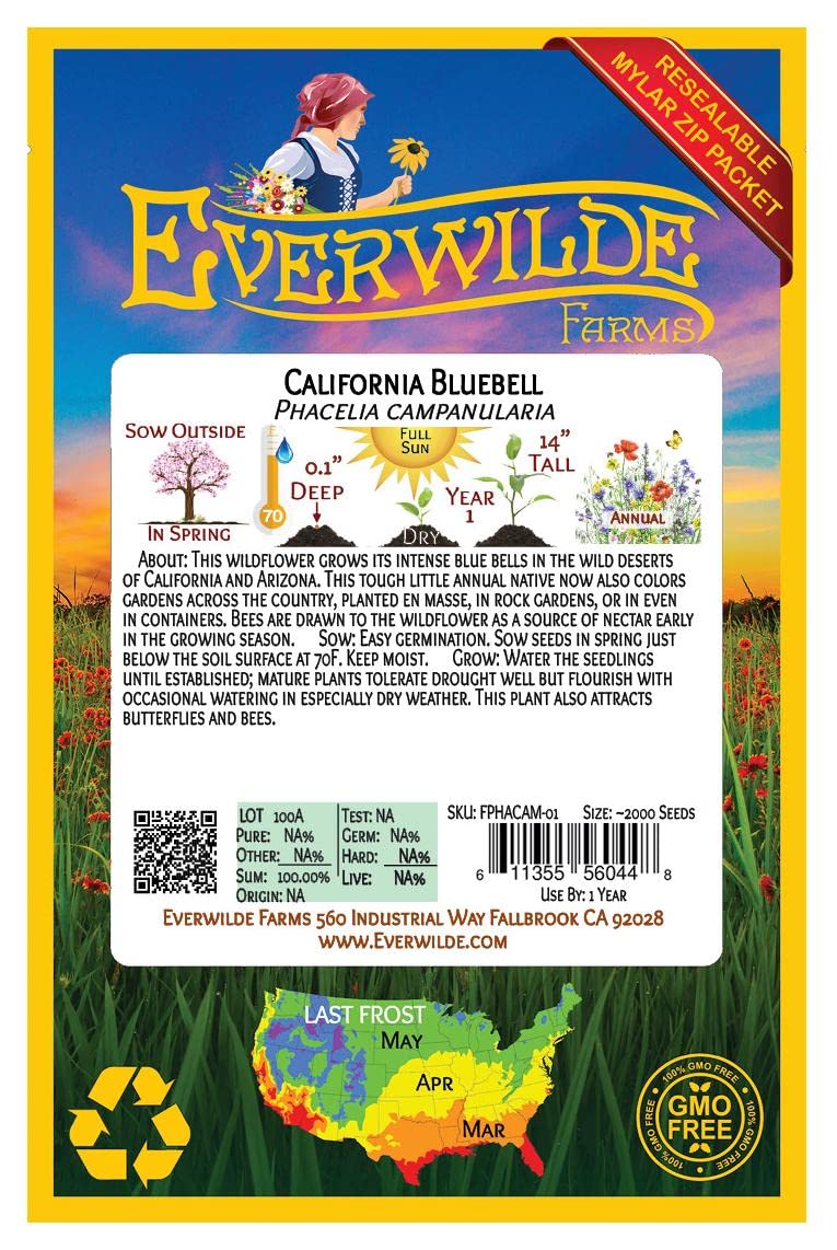 Everwilde Farms - 2000 California Bluebell Native Wildflower Seeds - Gold Vault Jumbo Seed Packet for Gardening, Landscaping & Pollinator Gardens - Non-GMO Flower Seeds for Attracting Bees & Butterflies
