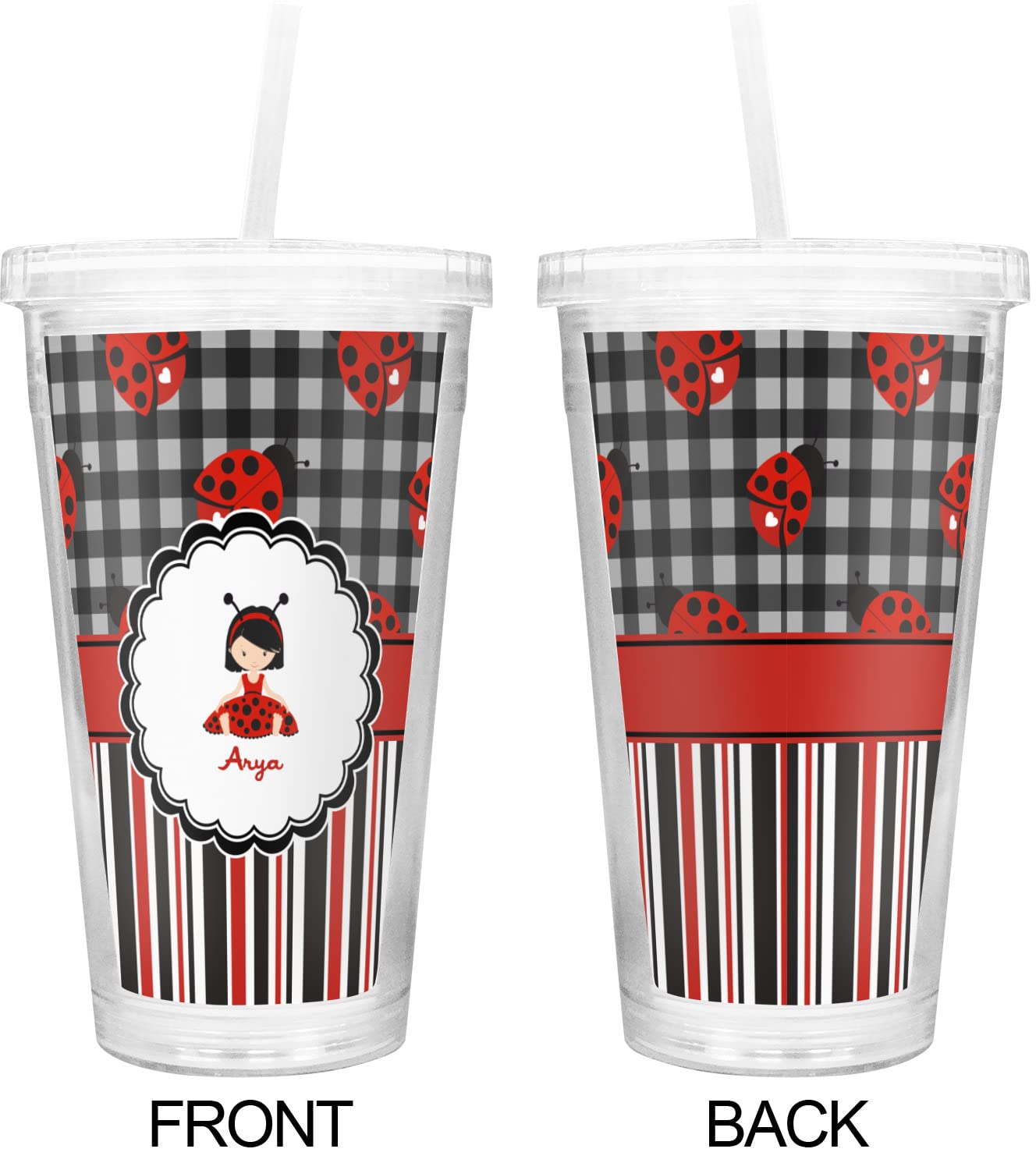 Personalized Ladybugs & Stripes Double Wall Insulated Tumbler with Straw and Lid - Cute 20oz Travel Mug for Women, Gift for Her, Coffee Tea Cold Drink Cup for Office, Gym, Hiking, Camping