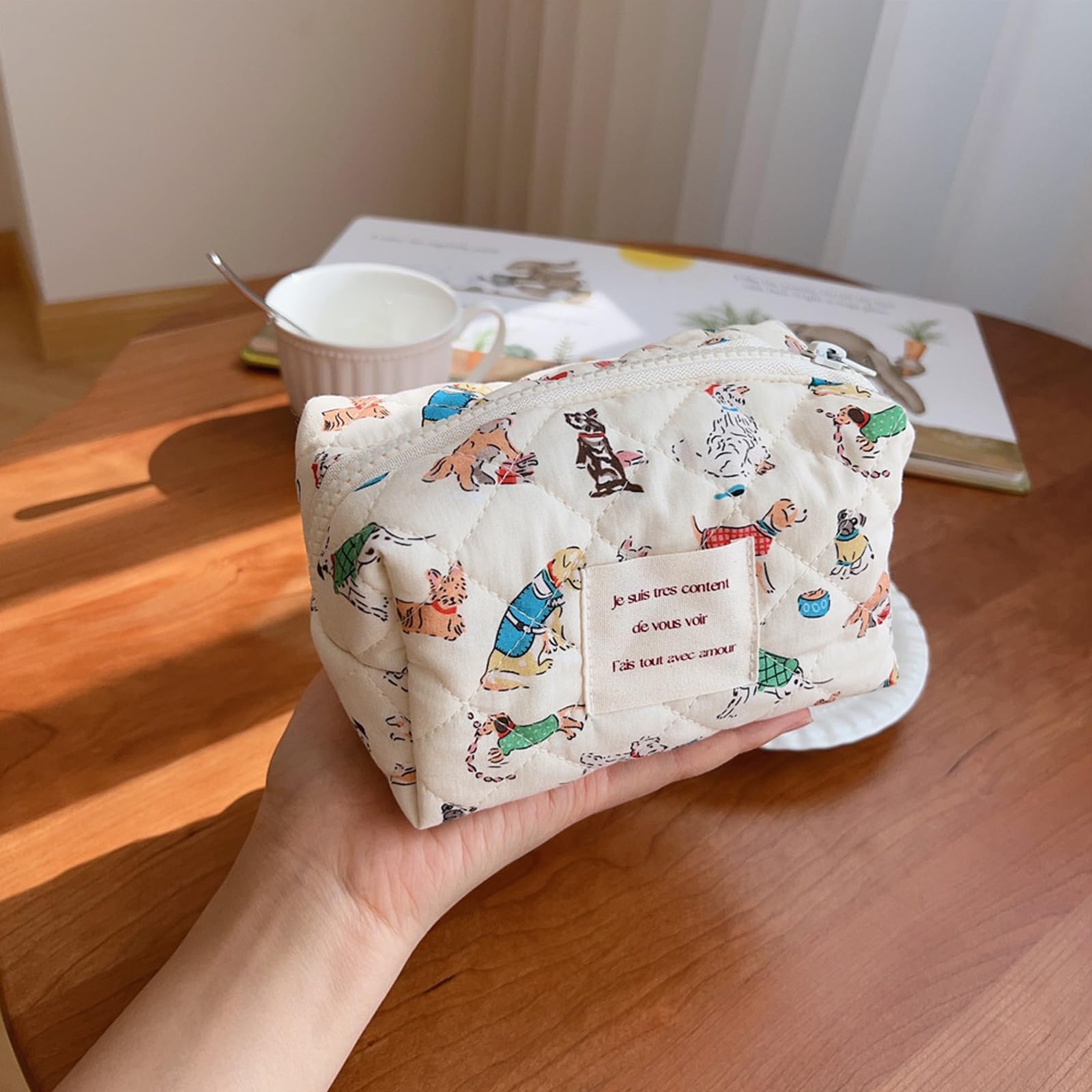 Mini Quilted Cotton Makeup Bag with Cute Animal Print - Large Capacity Cosmetic & Toiletry Organizer for Women & Girls (Mini Puppy Design) - Perfect for Travel, Gym, and Daily Essentials Storage
