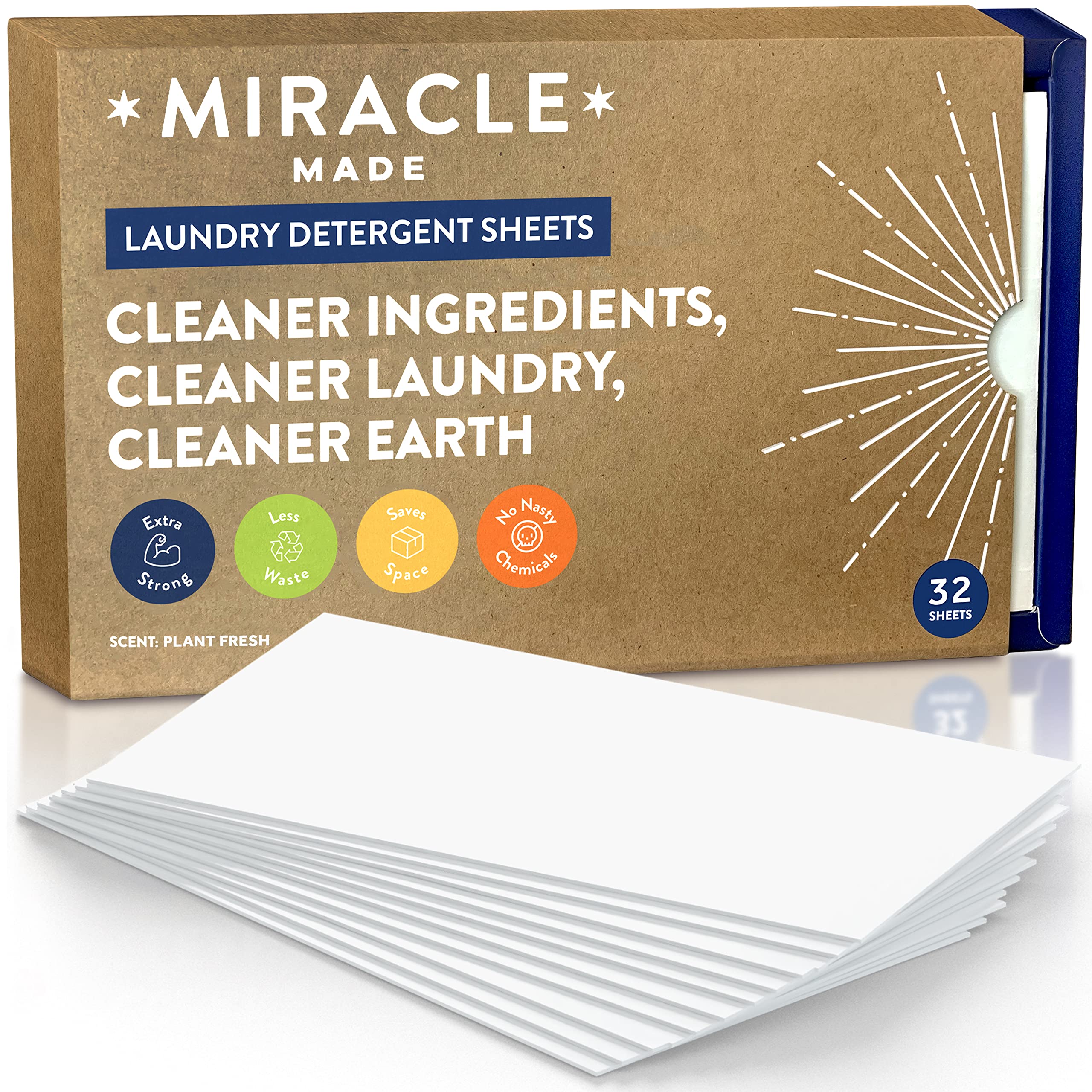 Miracle Made Liquidless Laundry Detergent Sheets - 32 Eco-Friendly Sheets for 64 Loads | Plant-Based, Hypoallergenic & Biodegradable | Dye-Free, Bleach-Free, Paraben-Free & Cruelty-Free | Perfect for Travel, Gym Bags & Sensitive Skin Households