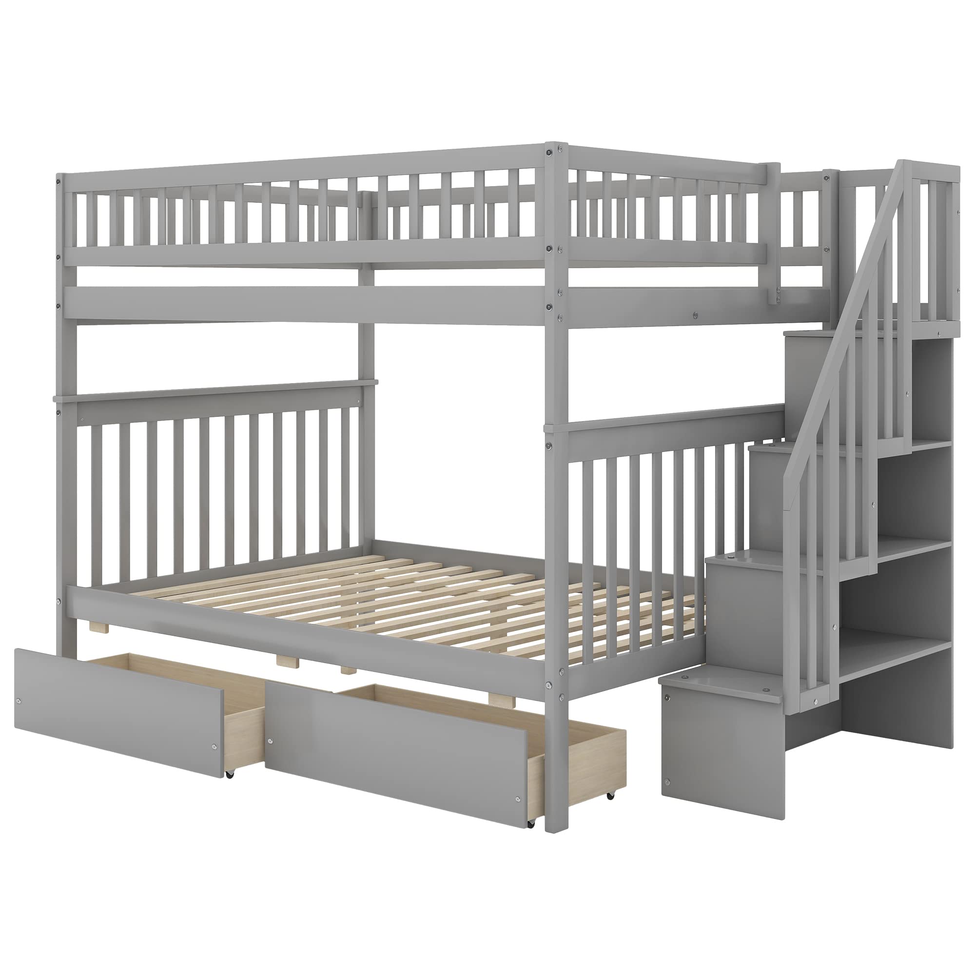 Harper & Bright Designs Full Over Full Bunk Bed with Stairs & Storage Drawers - Convertible Wooden Bunk Bed for Kids, Teens & Adults - Space-Saving Gray Bedroom Furniture for Small Rooms, Guest Rooms & Vacation Homes