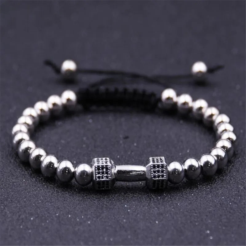 Black Hematite Beads Bracelet for Men - Fitness Prayer Dumbbell Bracelet with Macrame Barbell Design - Perfect for Workout, Meditation & Yoga Accessories