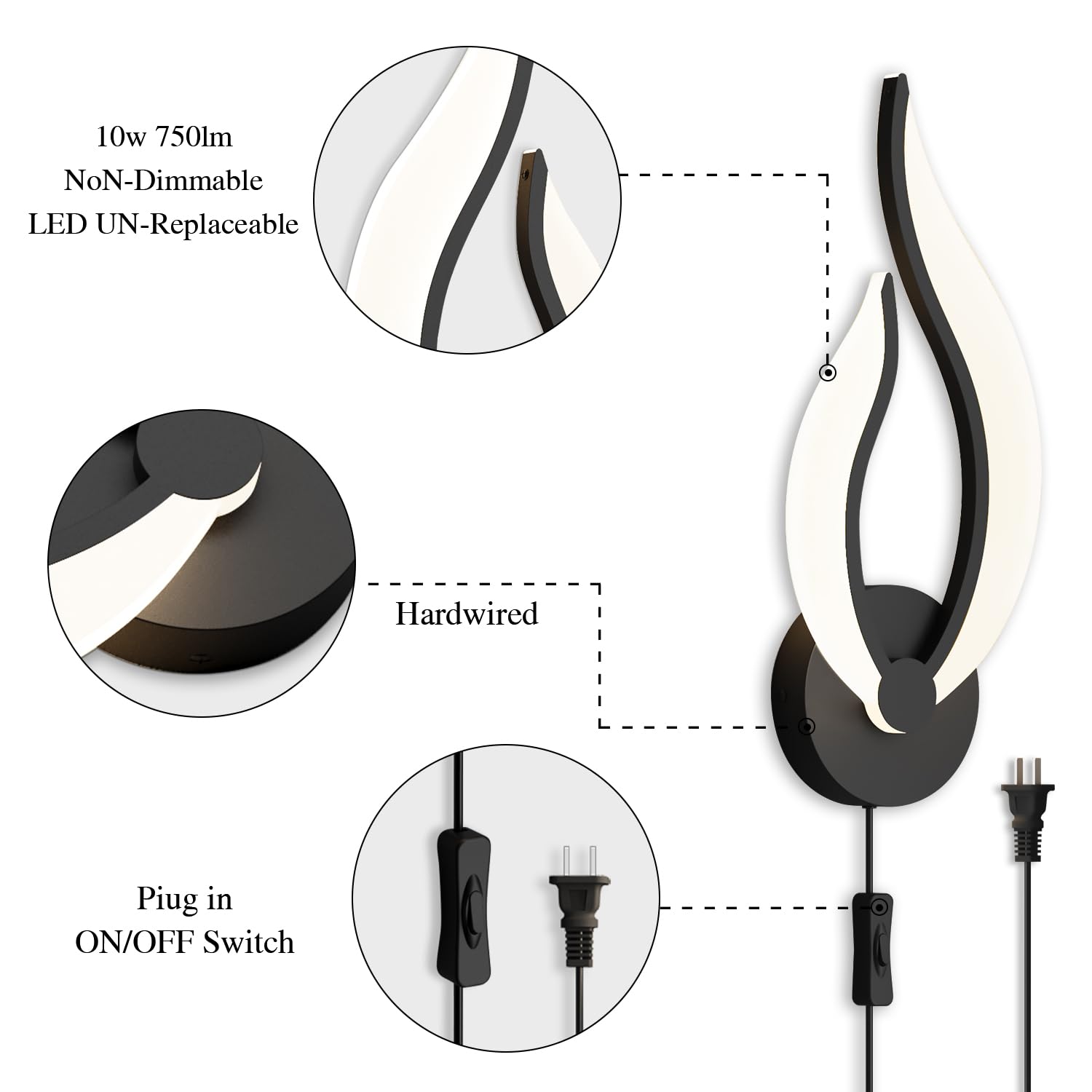 Modern LED Wall Lamps for Bedroom - Set of 2 Black Plug-in Wall Lights with 3000K Warm White, 10W Energy Saving, Wall Mounted Night Lights for Bedside, Living Room, Hallway - 110V AC (Perfect for Reading & Ambient Lighting)