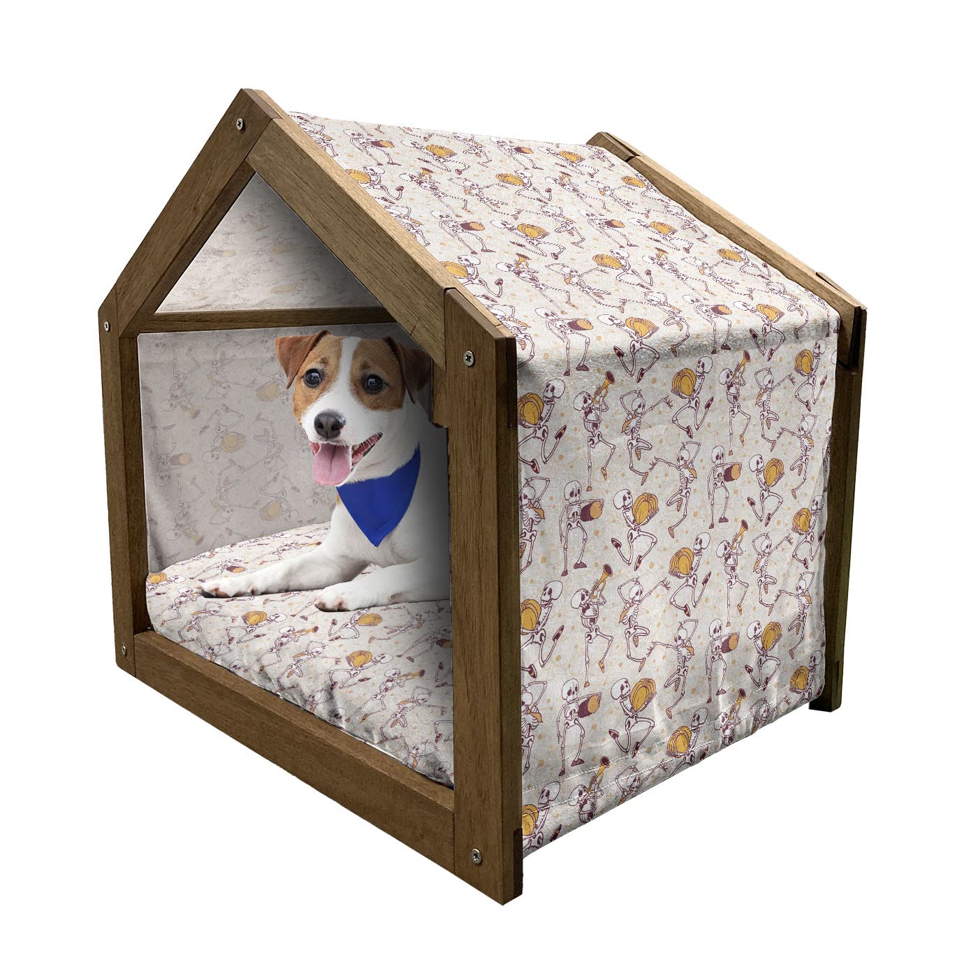 Ambesonne Halloween Skeleton Wooden Pet House - Portable Indoor/Outdoor Dog Kennel with Pillow & Cover, Medium Size in Dried Rose Pale Orange - Perfect for Spooky Decor & Pet Comfort During Halloween Parties