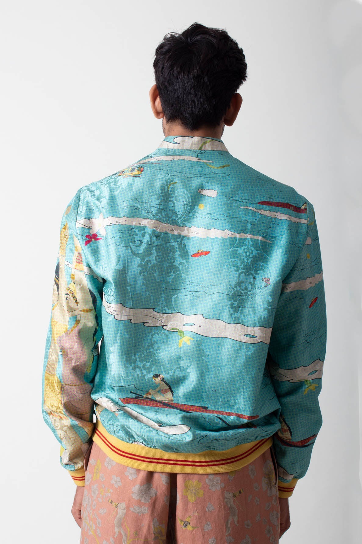 Janbaaz Turquoise Silk Bomber Jacket - Elegant Damask Pattern for Men's Fashion & Casual Wear | Perfect for Parties, Weddings & Everyday Style