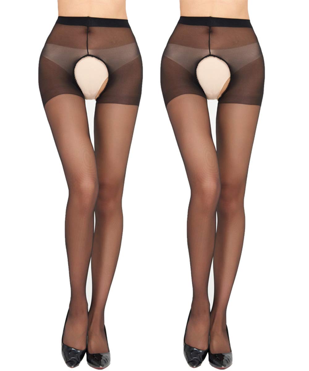 Sexy Sheer Crotchless Pantyhose - Open Crotch Tights for Women - Silky Sheer Stockings with Lace Trim - Perfect for Lingerie, Role Play & Sensual Moments
