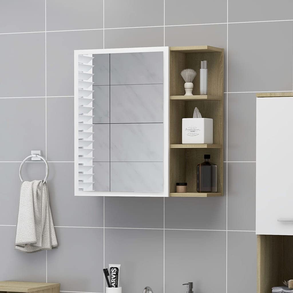 Wall Mounted Bathroom Medicine Cabinet with Acrylic Mirror - Wooden Storage Cabinet with Doors & Shelves - White & Brown Vanity Mirror for Bathroom Organization & Decor