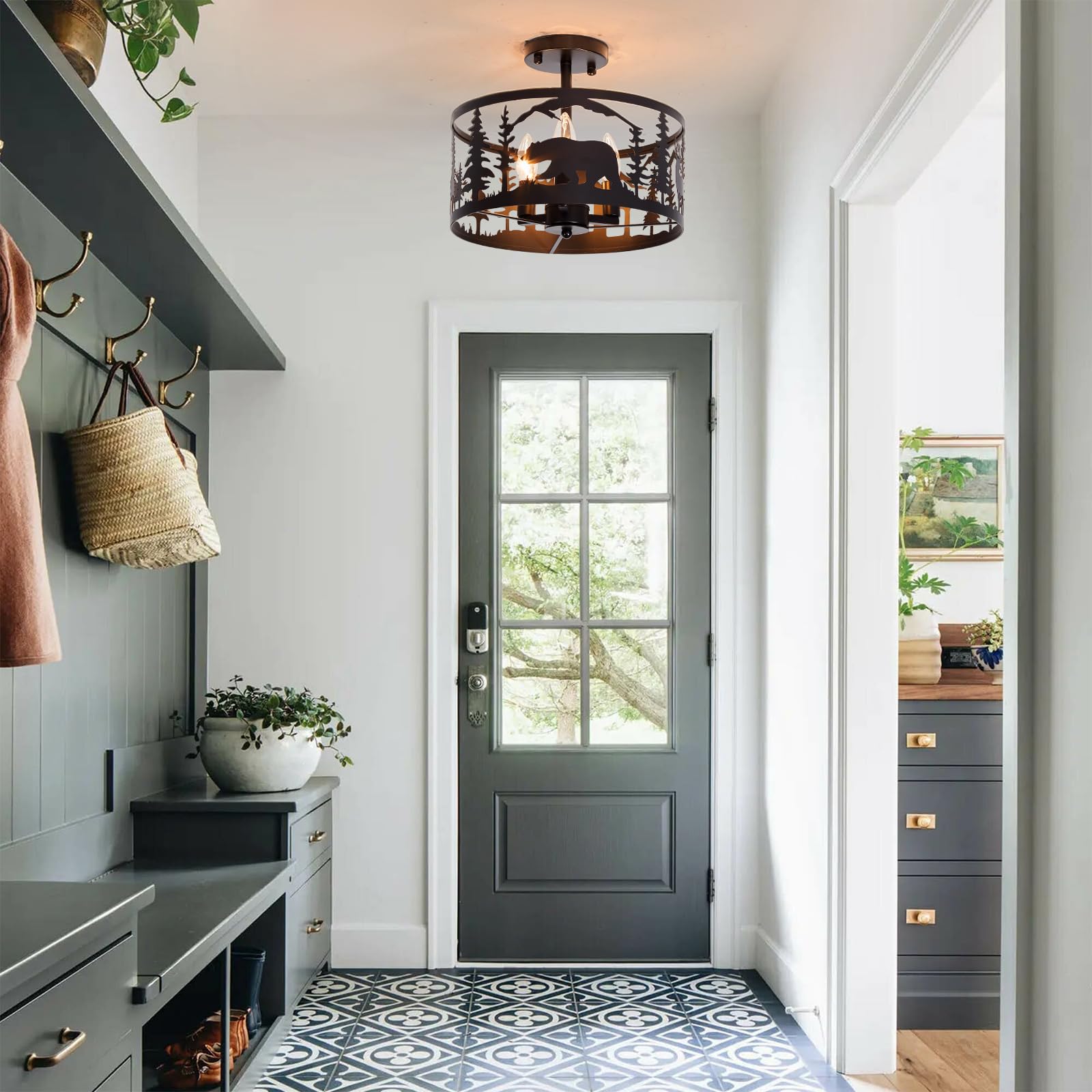 Rustic Semi-Flush Mount Ceiling Light Fixture - 3-Light E12 Base Black Round Farmhouse Metal Lighting for Kitchen, Hallway, Living Room - Industrial Style with Deer, Bear, Tree Design - Perfect for Cabin, Lodge, and Country Home Decor