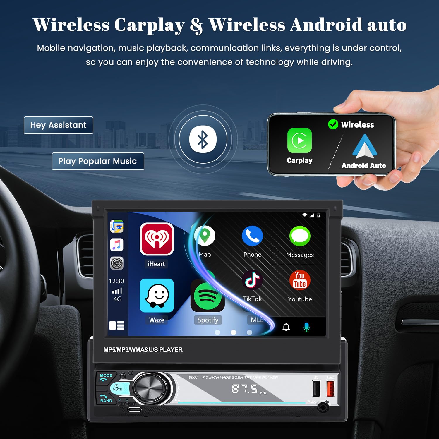 Hikity 7 Inch Wireless CarPlay & Android Auto 1 DIN Car Stereo with Retractable Touch Screen, Bluetooth Radio, EQ FM AM, AUX TF, Rear Camera - Perfect for Commuting, Road Trips & Hands-Free Driving
