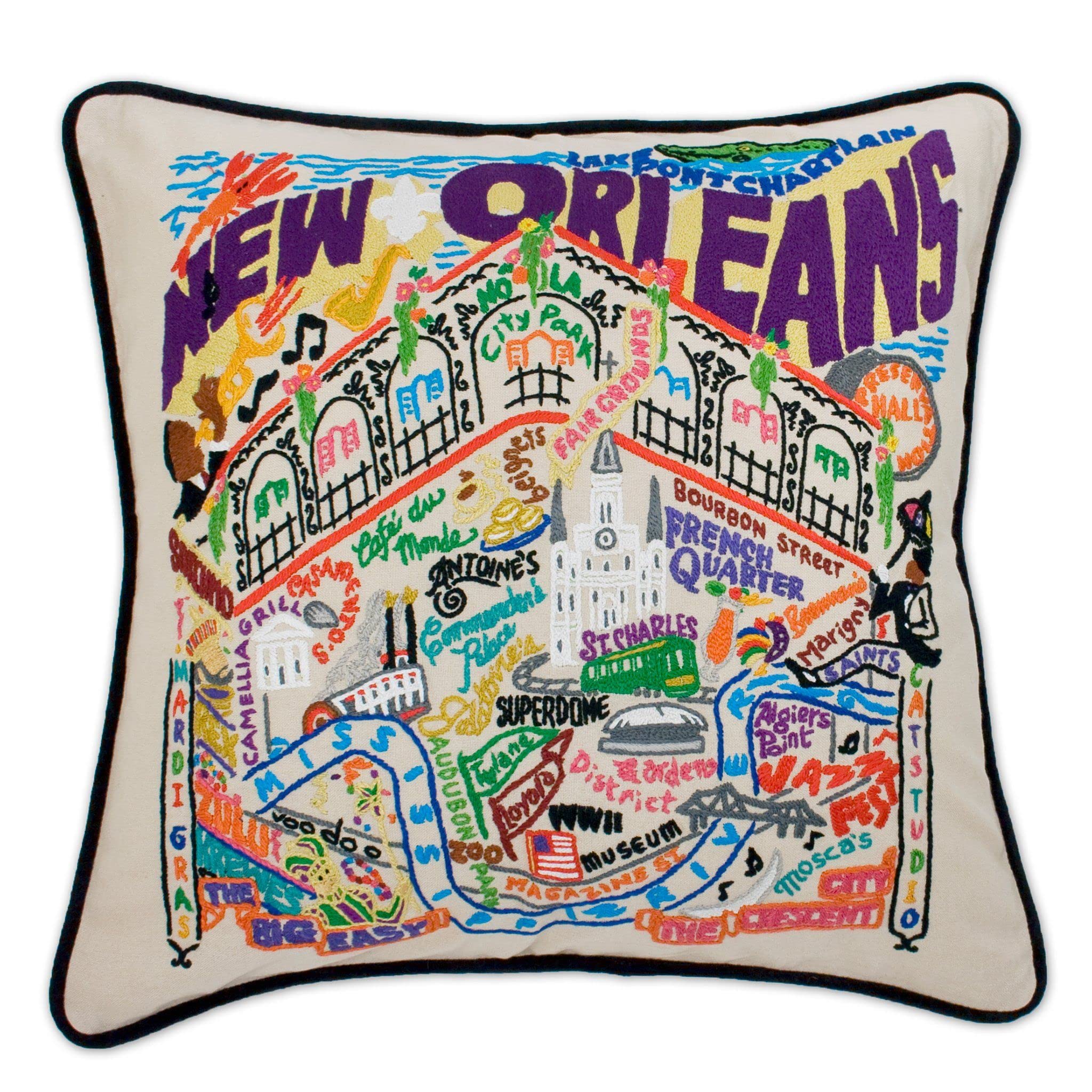 Catstudio New Orleans Embroidered Decorative Throw Pillow - 18x18 Inch Soft Cotton Square Cushion Cover with Vibrant Louisiana Design, Perfect for Sofa, Bedroom & Home Decor