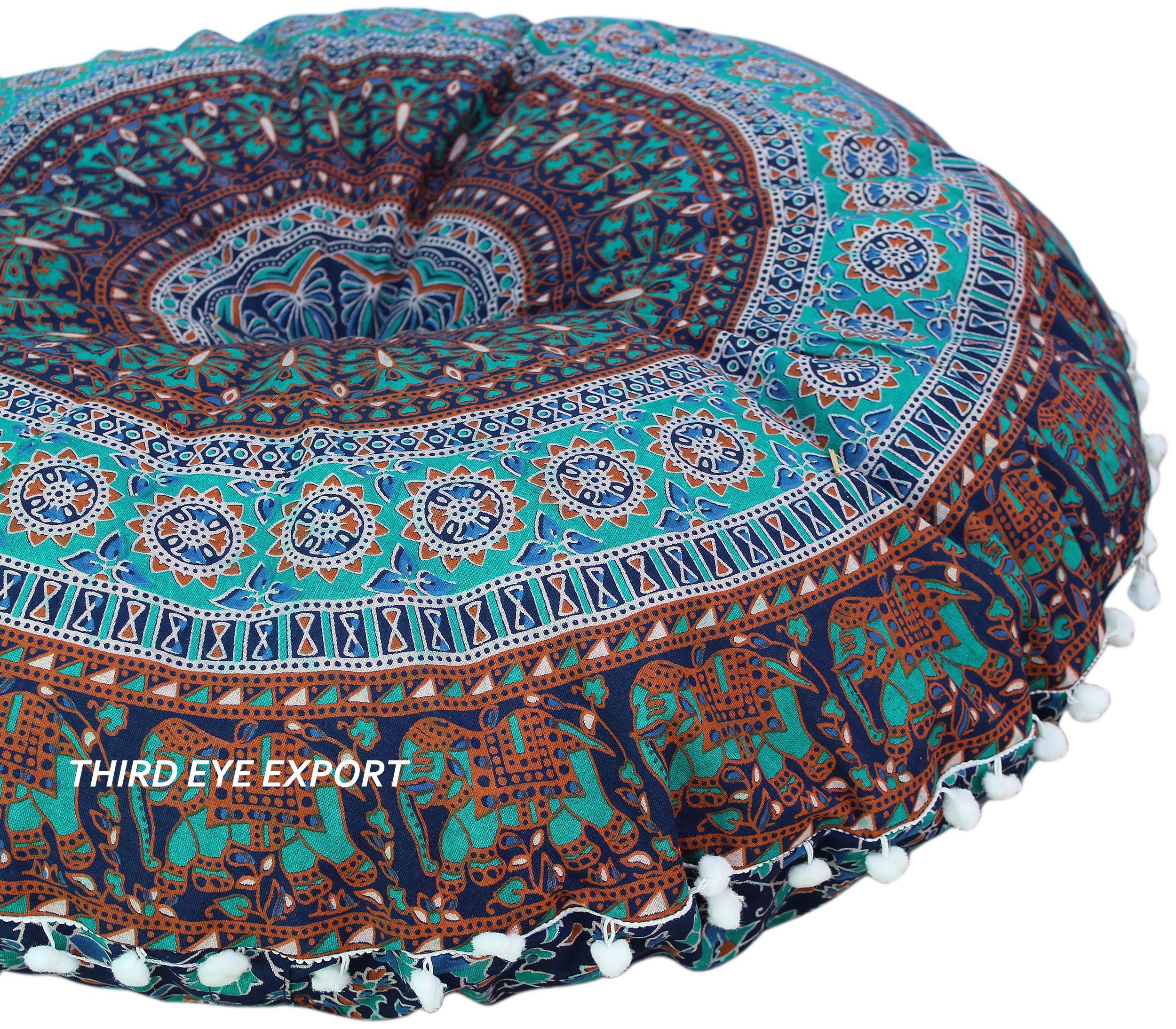 Boho Vintage Indian Blue Mandala Round Pillow Cover 32 Inches - Meditation Cushion for Yoga, Zen Decor, Cottagecore & Hippie Room Aesthetic - Blue-3 (81cm) - Perfect for Living Room, Bedroom & Meditation Spaces