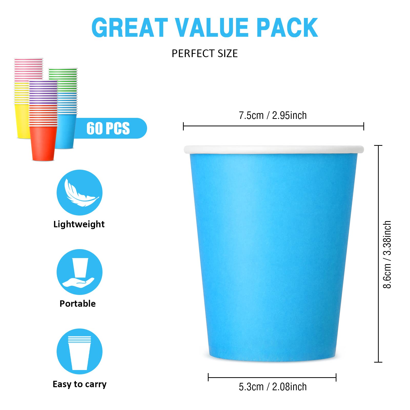 NUZEKY Disposable Paper Party Cups - 60 Pack 9oz Colorful Drinking Cups for DIY, Holiday, Wedding & Birthday Parties - Bulk Pack of 6 Vibrant Colors - Perfect for Celebrations, BBQs, and Family Gatherings