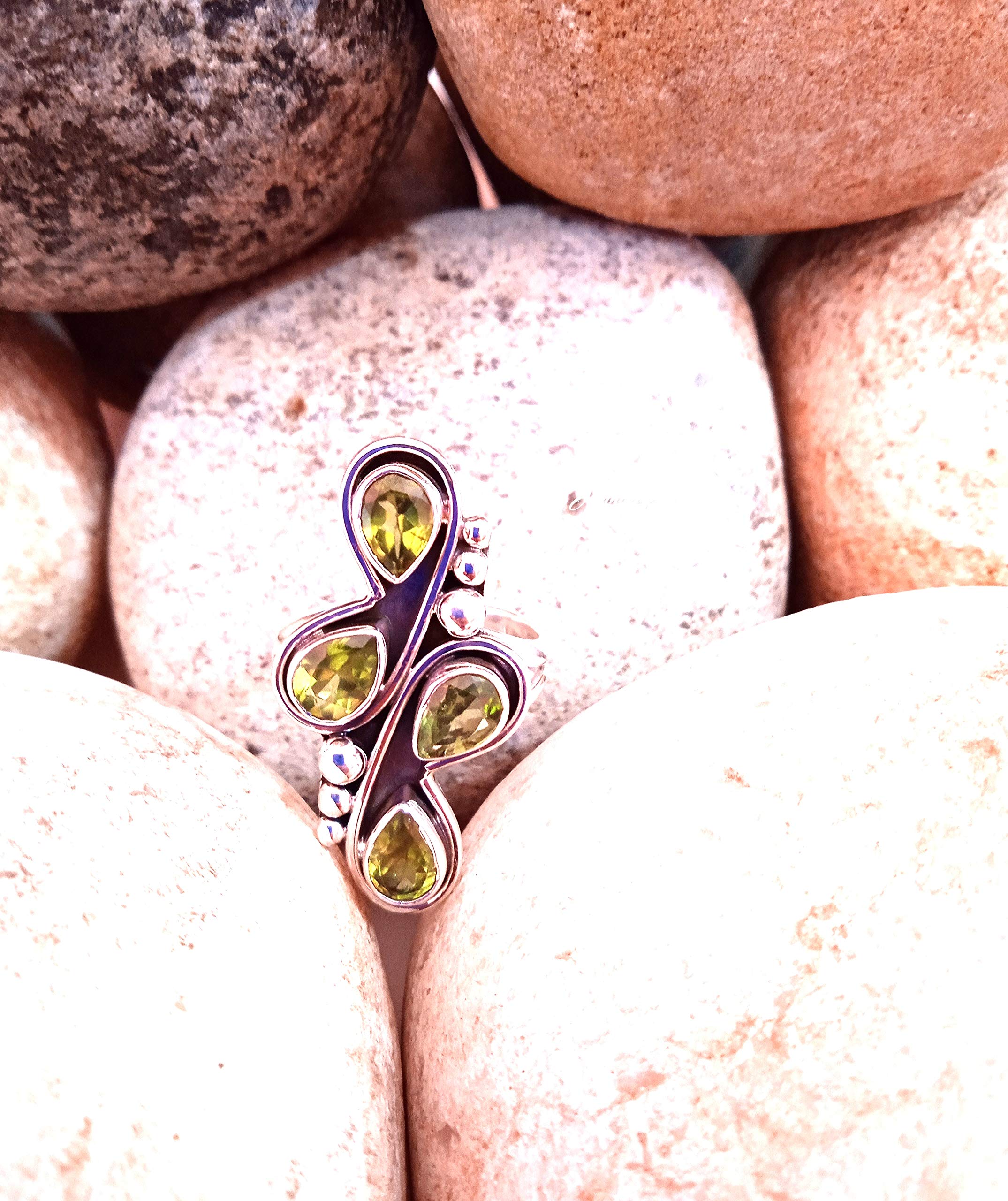 Handcrafted Sterling Silver Peridot Ring - Vintage Four Stone Boho Jewelry for Women | Unique Artisan Bridal Gift, Antique Statement Piece | Perfect for Weddings, Anniversaries & Boho Fashion