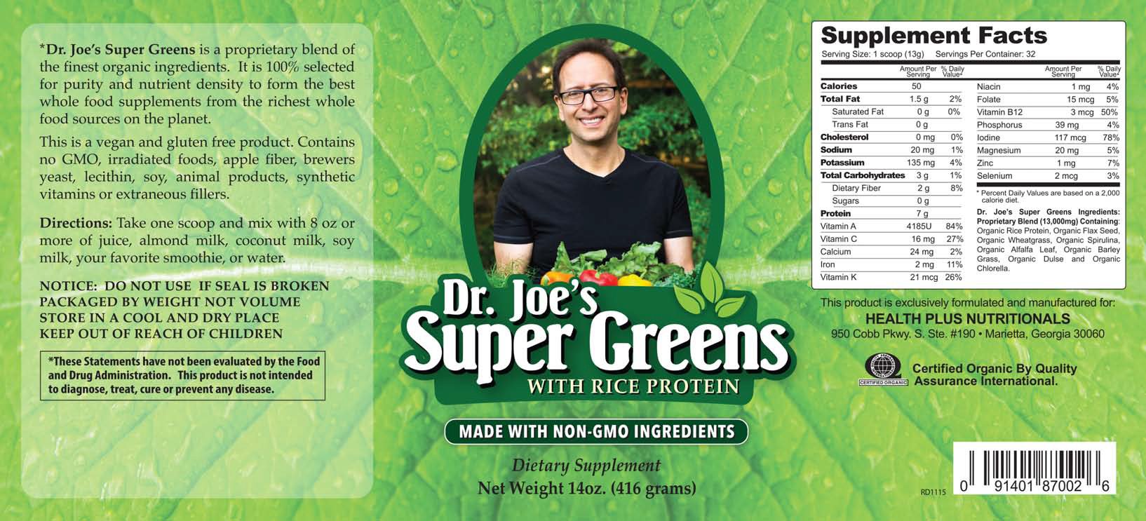 Dr. Joe's Super Greens Powder - Organic Vegan Superfood Supplement with Rice Protein & Essential Nutrients | Boost Energy, Support Digestion & Immunity for Active Lifestyles