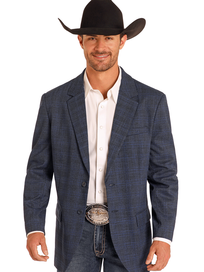 Men's Rock & Roll Denim Plaid Western Sports Coat - Navy Blue BM96C03706 | Vintage Style Jacket for Country Music Concerts & Casual Outings