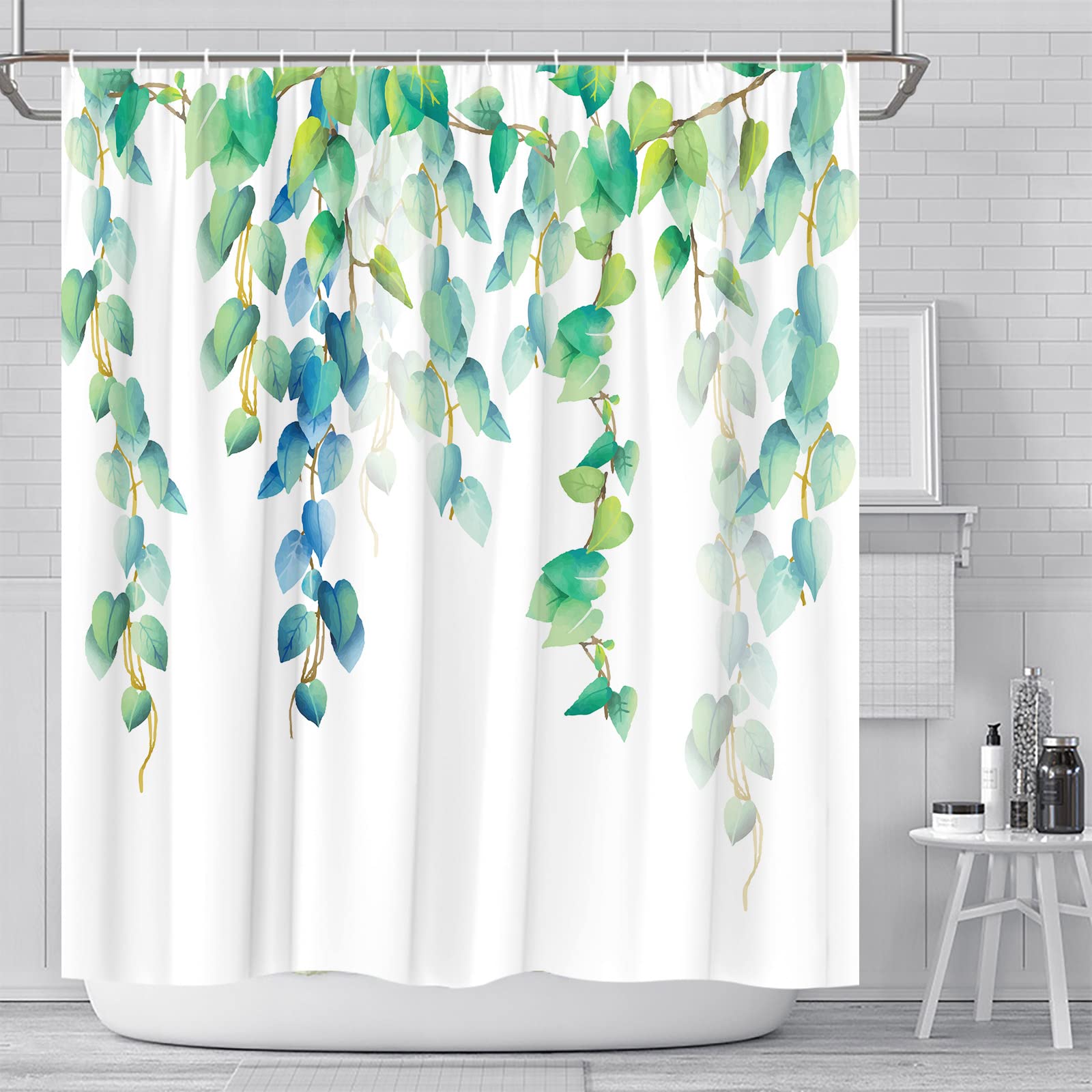 Green Leaves Fabric Shower Curtain - Spring Plant Vine Design Blue Green Leaf Bathroom Decor - Polyester Bath Accessories Set with Hooks 60x70 Inch - Perfect for Modern Bathrooms, Spa Retreats & Nature-Themed Home Decor