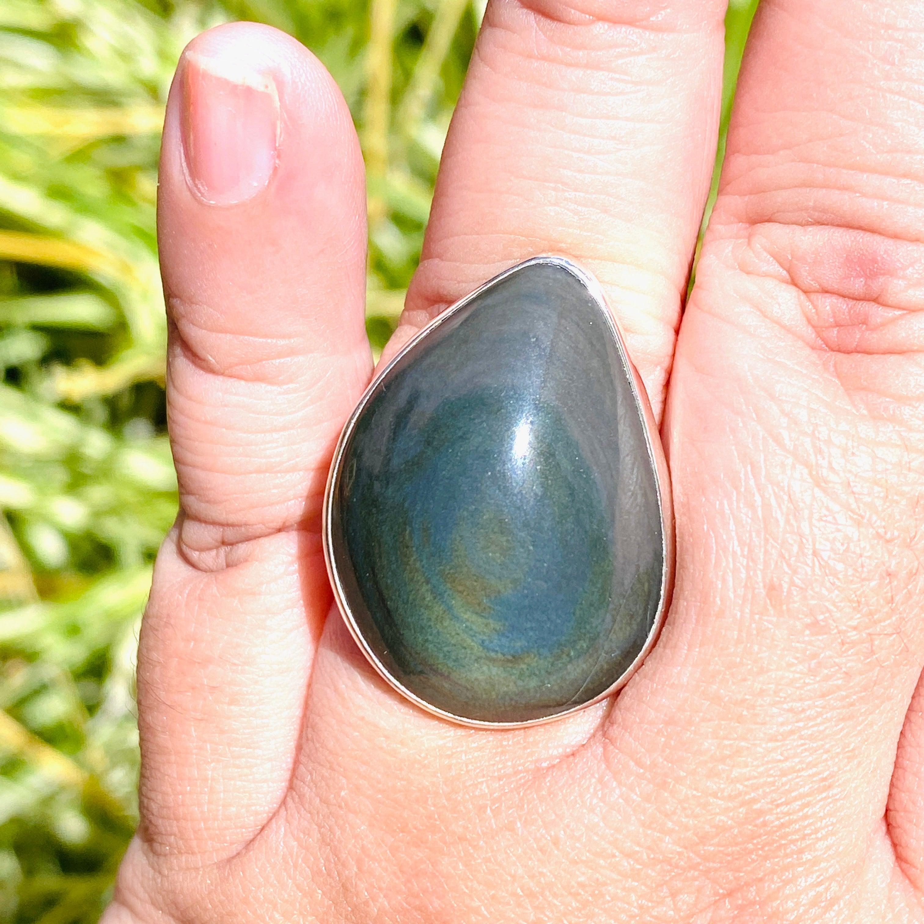Rainbow Obsidian Freeform Ring - Size 11 - Handmade Sterling Silver Jewelry - KRGJ2812 - Perfect for Boho Fashion & Spiritual Healing