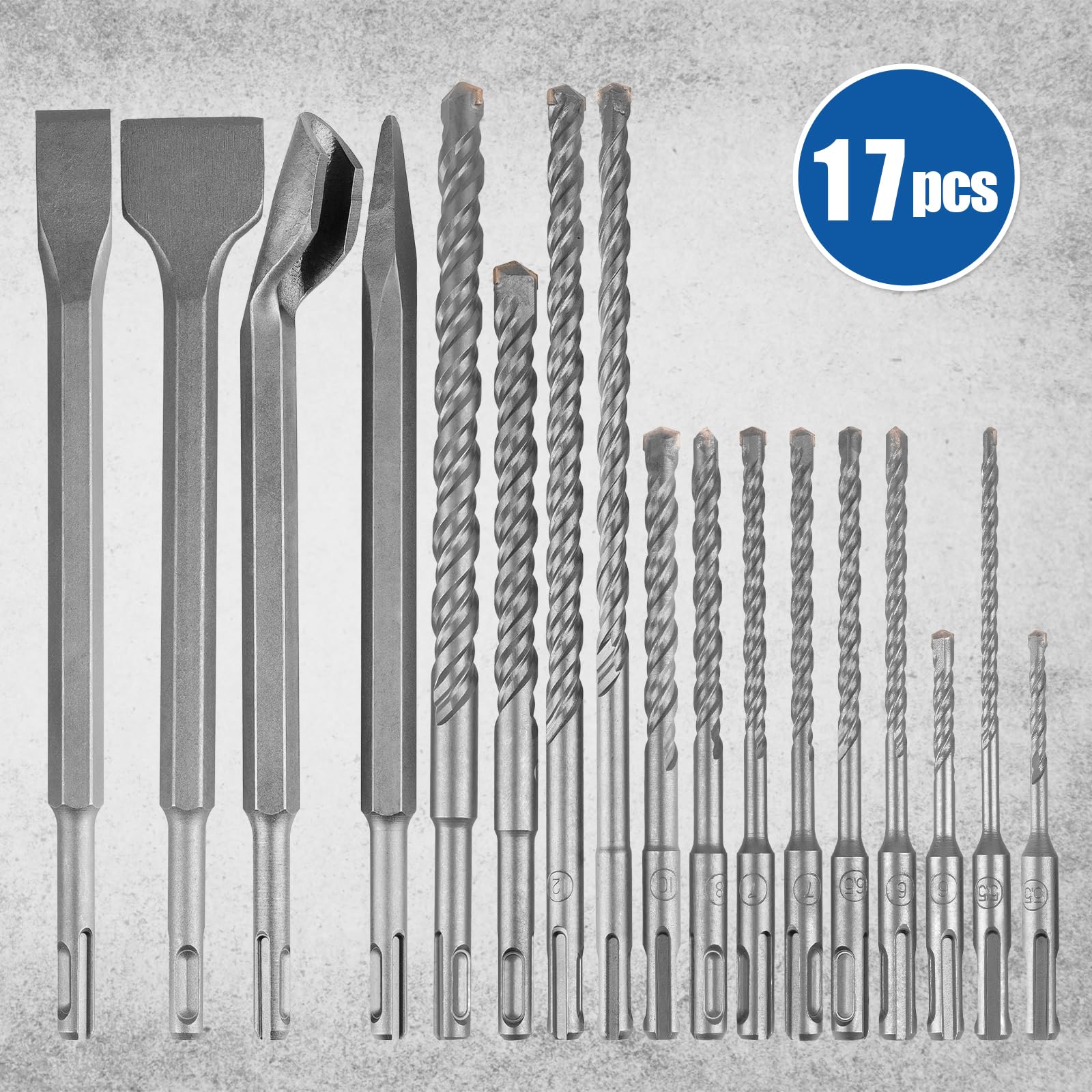 17-Piece SDS Plus Concrete Drill Bit and Chisel Set with Storage Case - Carbide-Tipped Masonry Bits for Concrete, Stone, Brick - Perfect for Construction, Demolition & Home Renovation Projects