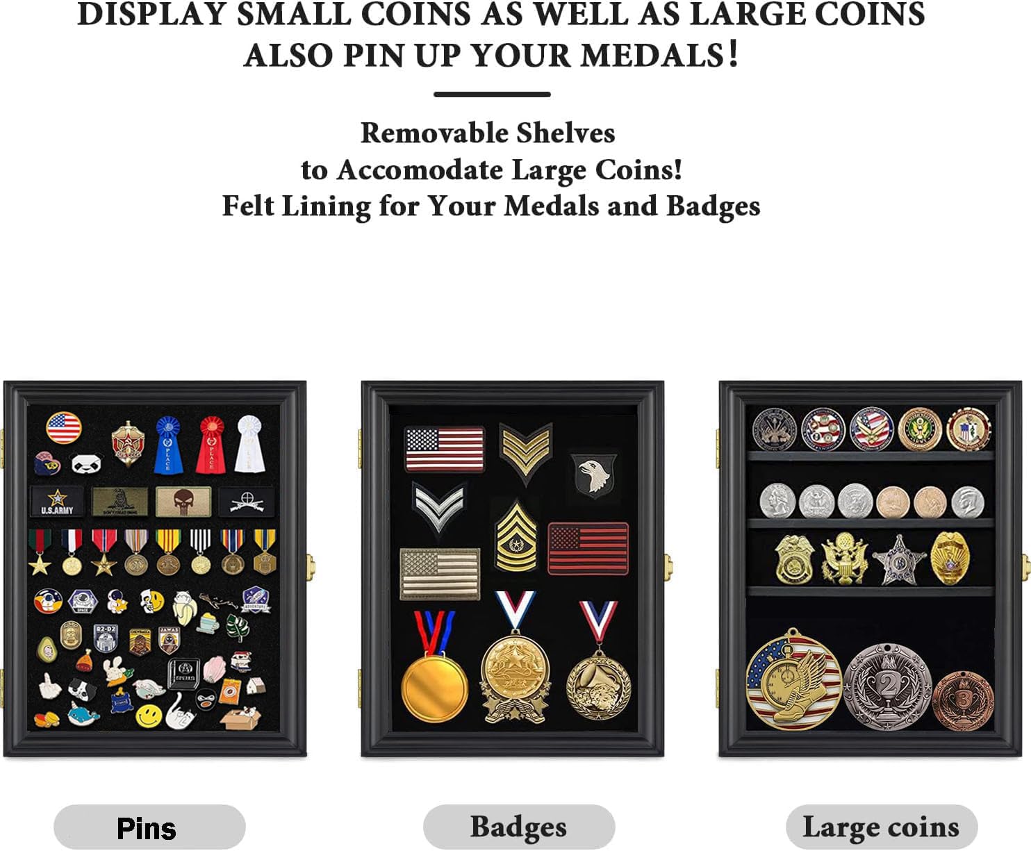 LIUYALO Lockable Shadow Box Display Case - Wall Mounted Medal & Military Challenge Coin Holder with Removable Shelves | Perfect for Collectors, Military Pins, Awards & Memorabilia Organization | Home, Office or Military Barracks Decor