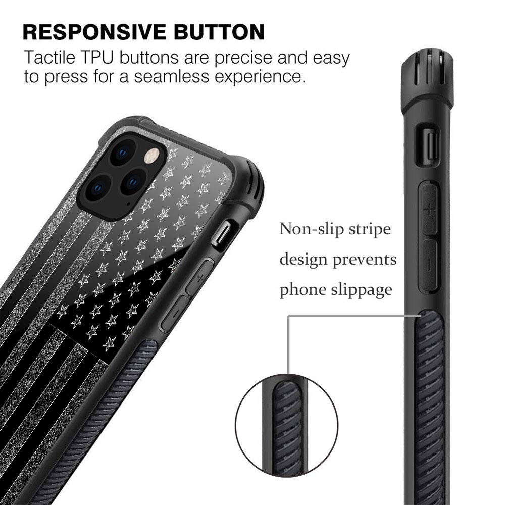 iPhone 11 Pro Case - Black & White American Flag Design with Tempered Glass Back & Soft Silicone TPU Shock Protection | Durable Protective Cover for iPhone 11 Pro | Perfect for Everyday Use, Travel & Outdoor Activities