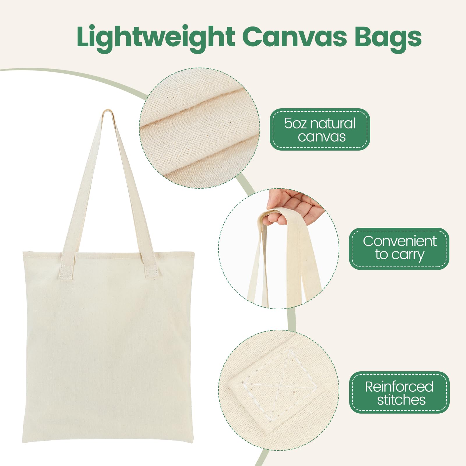 12 Pack Canvas Tote Bags Bulk - Lightweight Reusable Grocery Shopping Bags for Women & Men, DIY Sublimation Blank Gift Bags - Perfect for Grocery Shopping, Beach Trips, Gym & Work (Beige)