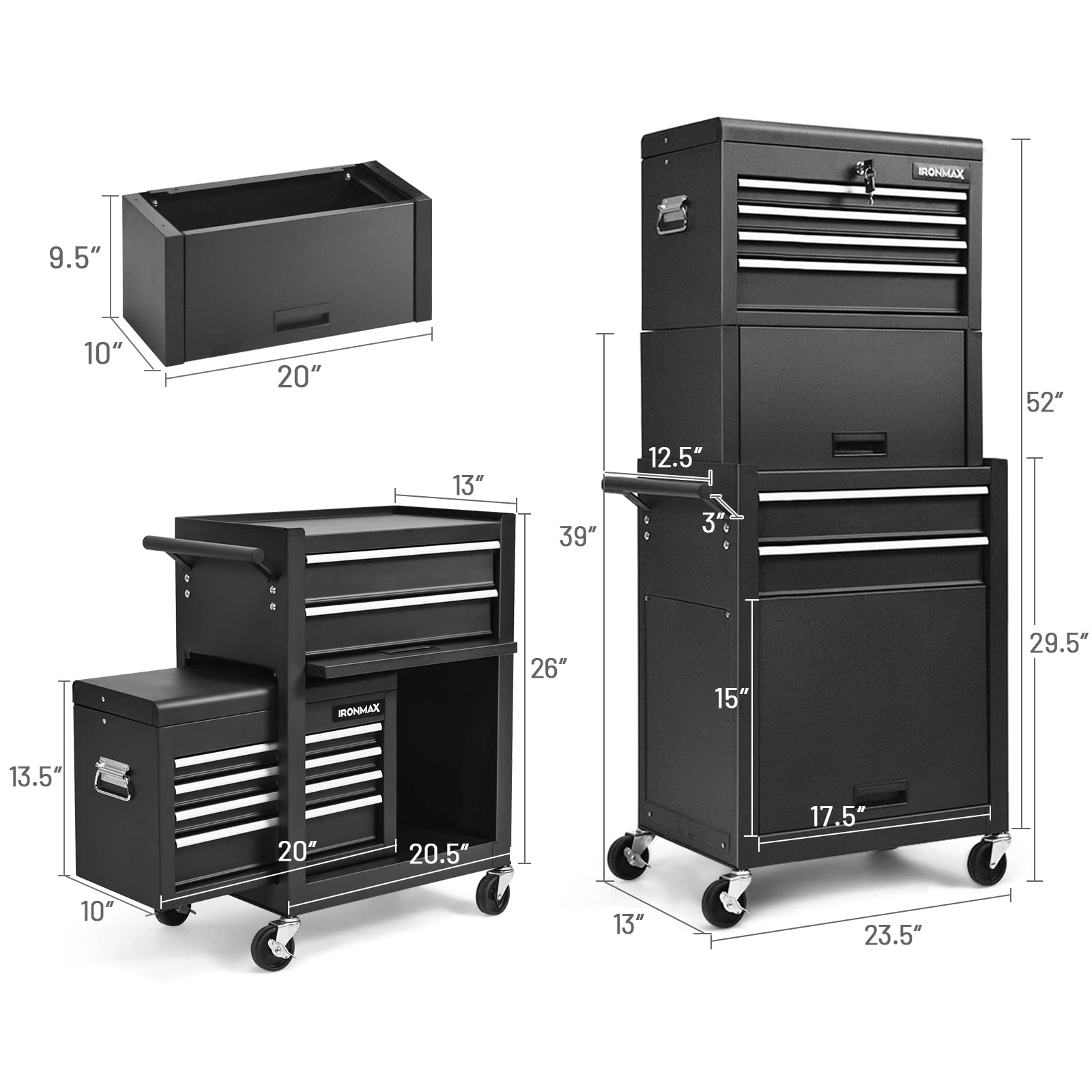 ERGOMASTER Rolling Tool Chest - Heavy Duty 6-Drawer Black Tool Box with Removable Top Box, Large Bottom Cabinet, Lock System & Smooth Casters | Perfect for Garage Organization, Auto Repair Shops & DIY Projects