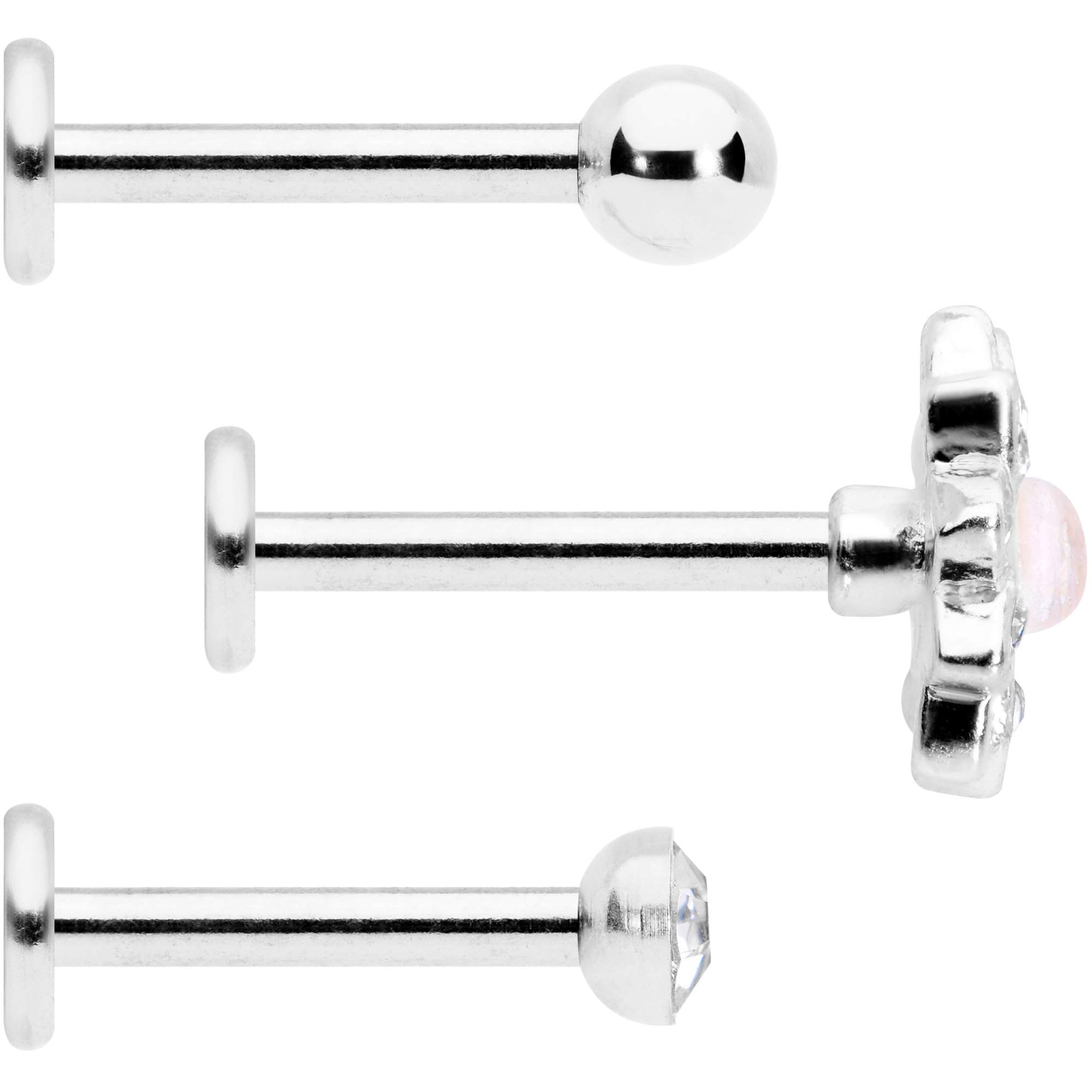 3 Pack 16G 316L Stainless Steel Blooming Flower Cartilage Earrings - 8mm Internally Threaded Flat Back Studs with Clear Accent & Ball End for Helix, Conch, Tragus, Monroe Piercings | Perfect for Everyday Wear, Gifts & Body Jewelry Collections