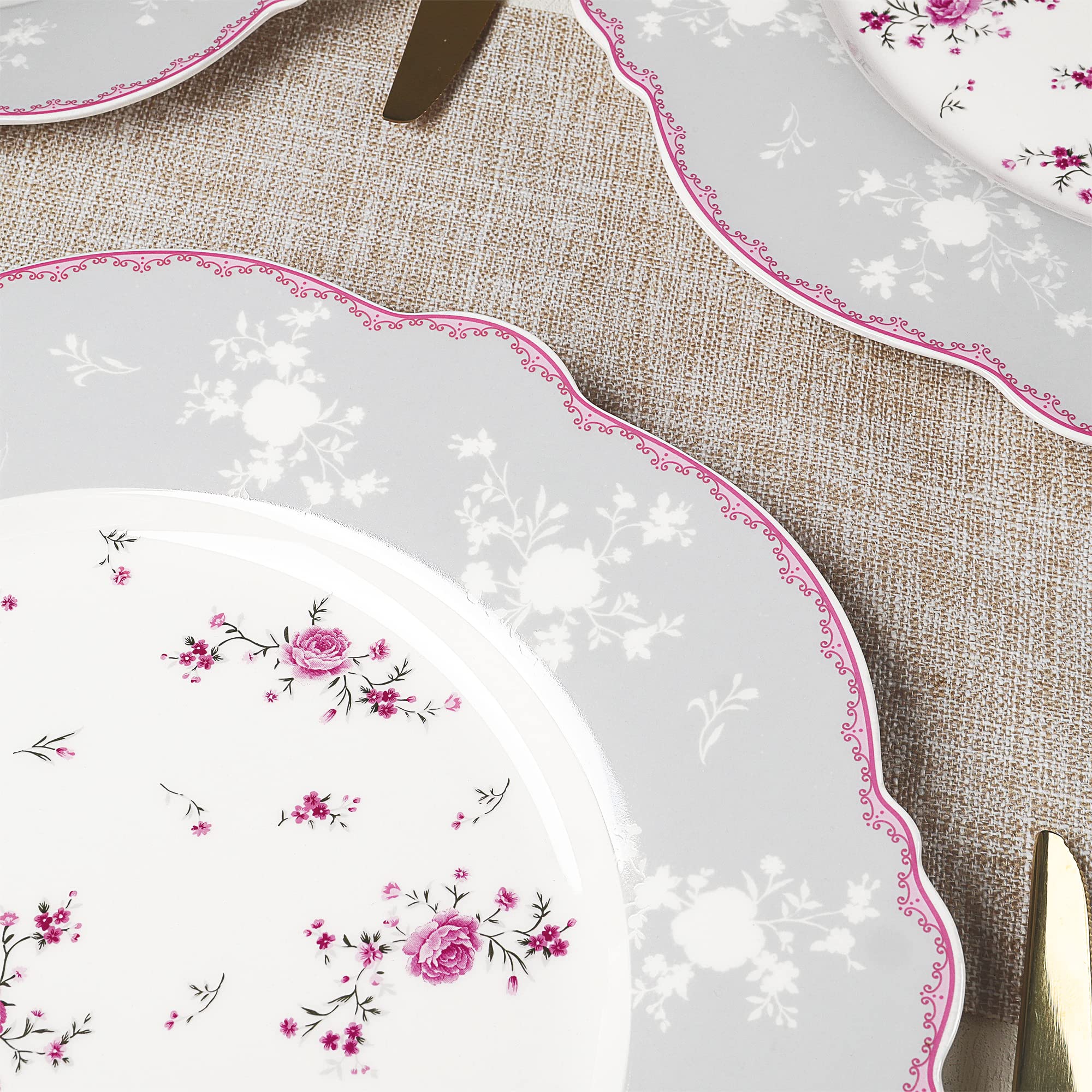 Fanquare 10 Inch Porcelain Dinner Plates Set of 4 - Elegant Lace Design Plates for Salad, Pasta, Soup & Dessert - Romantic Pink Roses Pattern - Perfect for Dinner Parties, Wedding Receptions & Home Decor