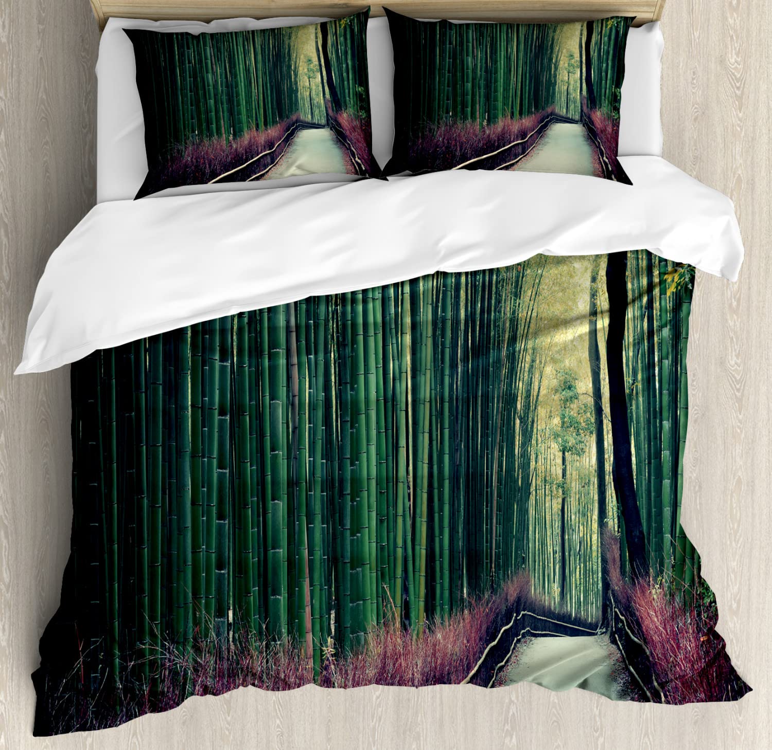 Ambesonne Exotic Jungle Scenery Duvet Cover Set - King Size 2-Pack with 2 Pillowcases | Arashiyama Kyoto Japan Nature Landscape Print Bedding | Hunter Green & Umber | Perfect for Travel Lovers & Nature-Inspired Home Decor