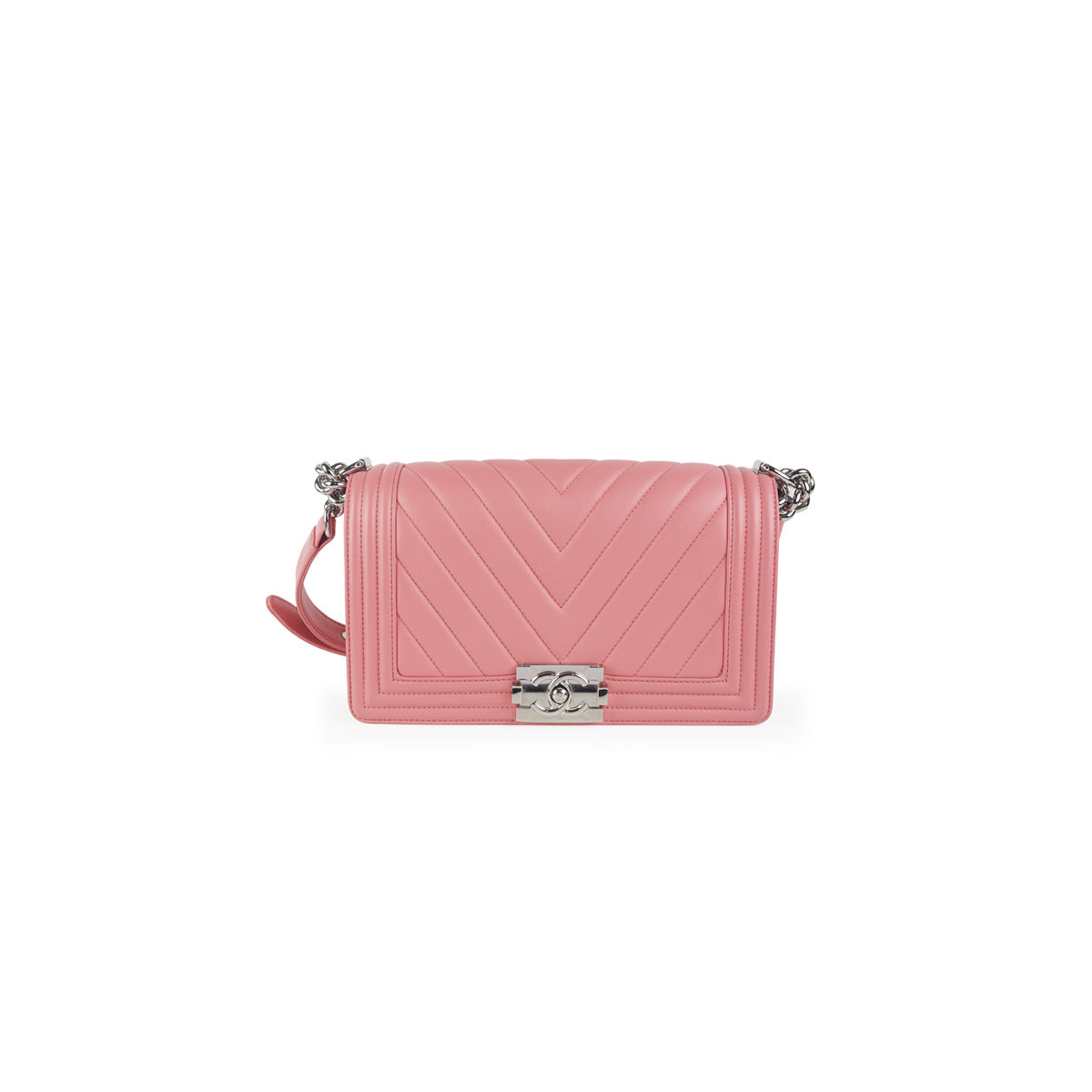 Chanel Chevron Quilted Boy Bag Old Medium Size Lambskin Leather Pink Crossbody Purse - Perfect for Date Night & Evening Events