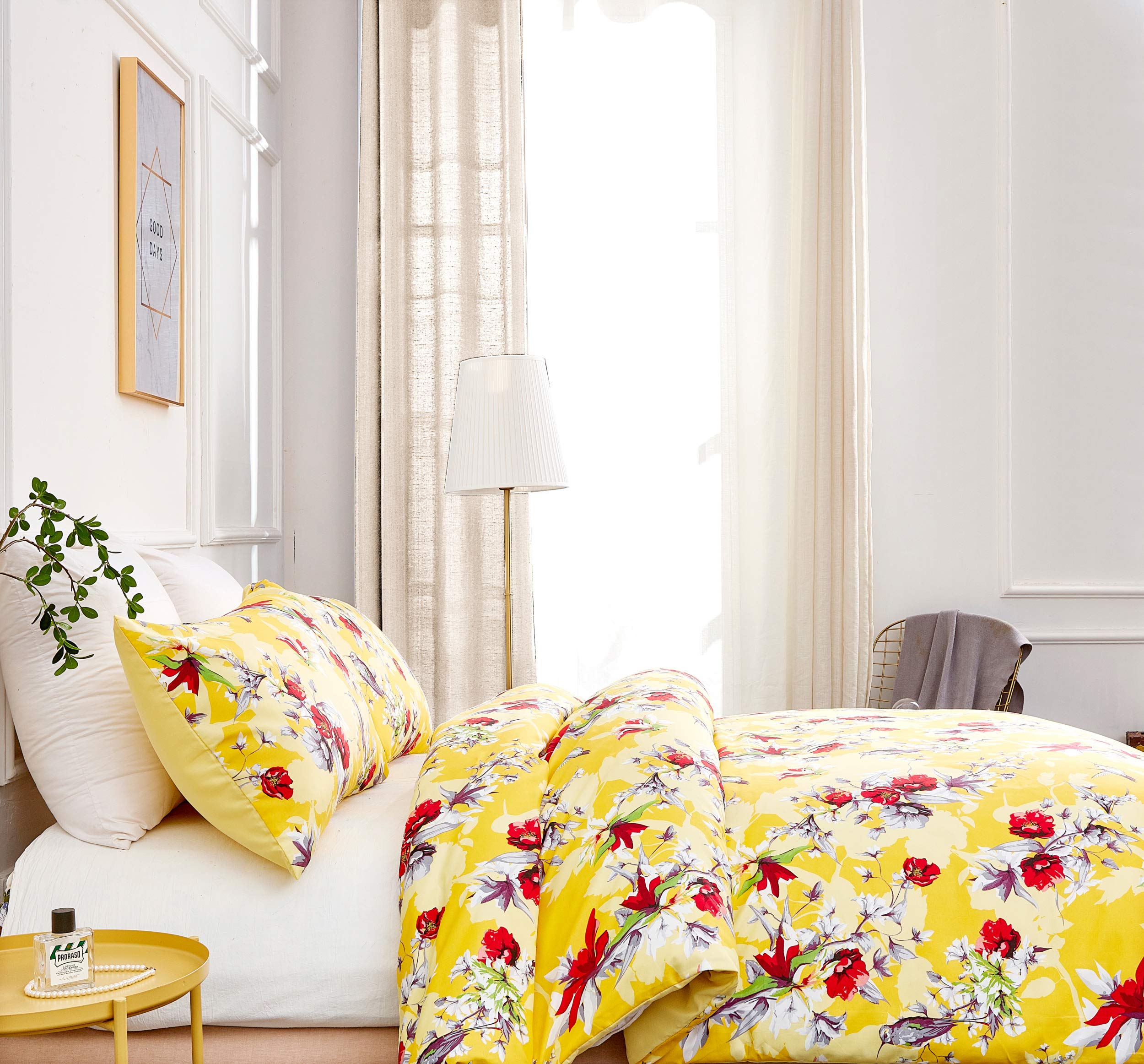 DaDalogy 9-Piece King Size Bedding Set - Yellow Hummingbird Botanical Duvet Cover, Fitted Sheet, Flat Sheet & Pillowcases with Window Curtain Valances | Soft Luxury Bed Sheets for Master Bedroom, Guest Room & Vacation Homes