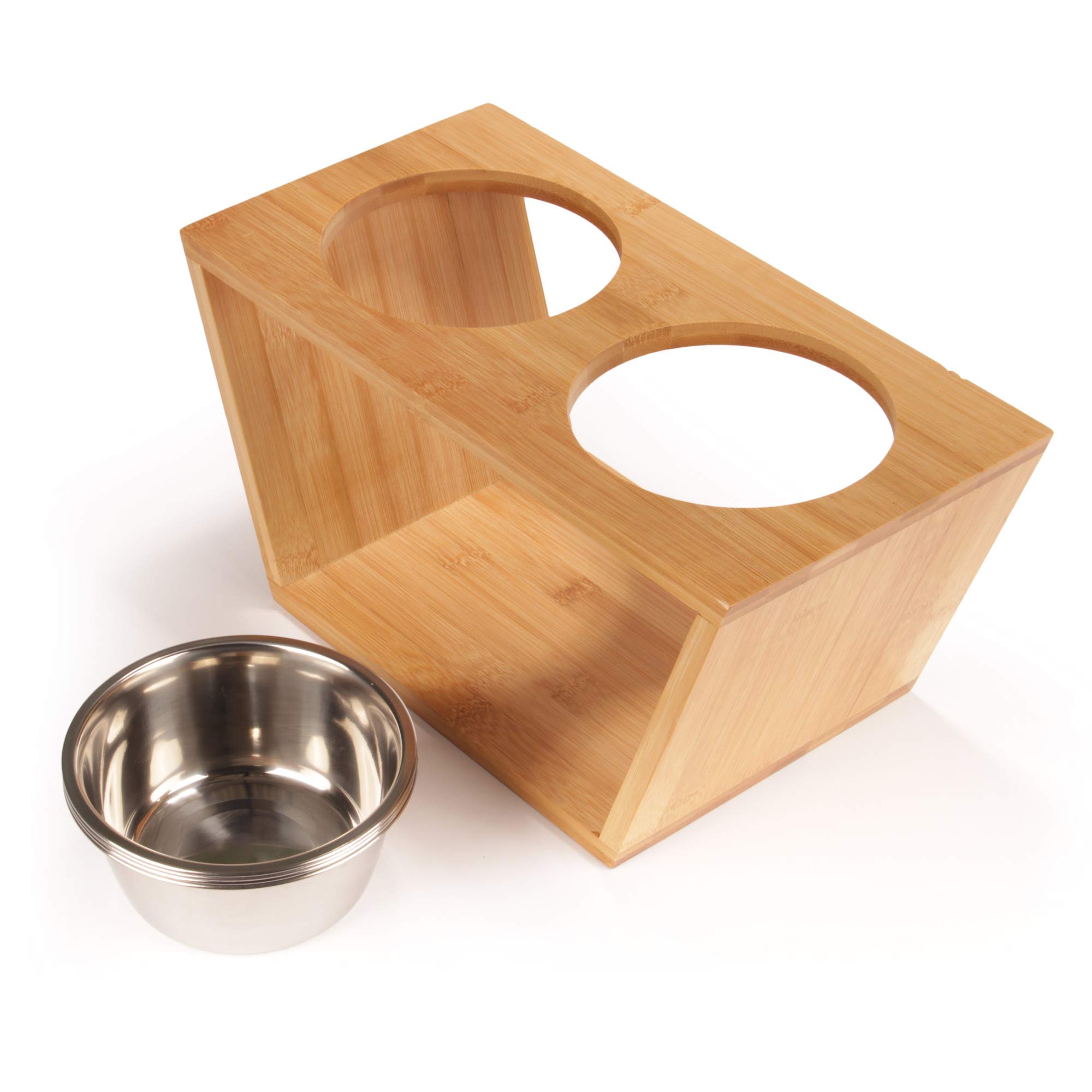 BambooMN Elevated Dog Bowl Feeder Stand - 100% Natural Bamboo with 4 Stainless Steel Bowls for Food & Water - Medium Size for Medium Dogs - Perfect for Indoor & Outdoor Feeding