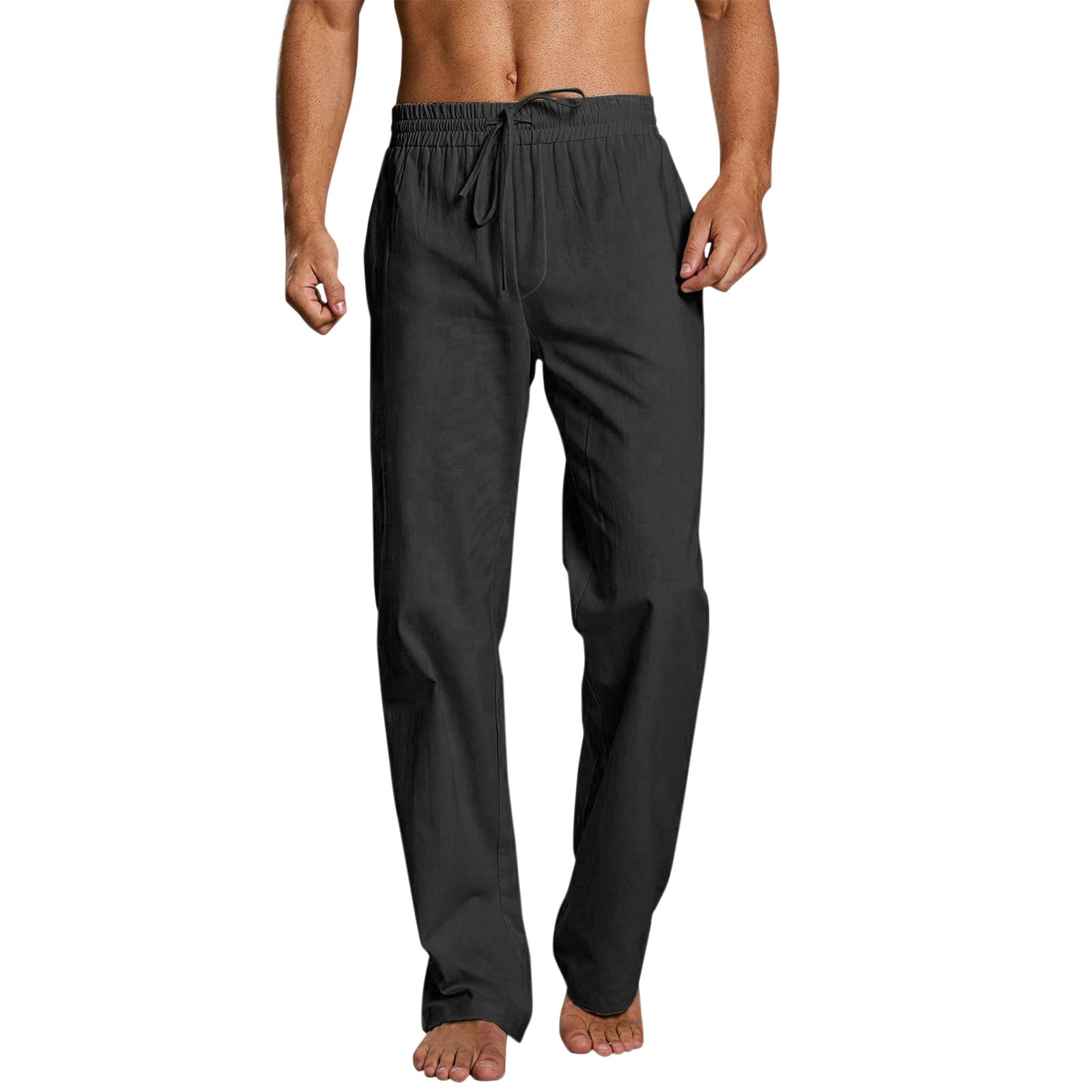 Men's Work Pants - Linen Pocket Lounge Pants with Elastic Expandable Waist | Straight Leg Loose Fit Wide Poplin Pants for Office, Casual & Outdoor Activities