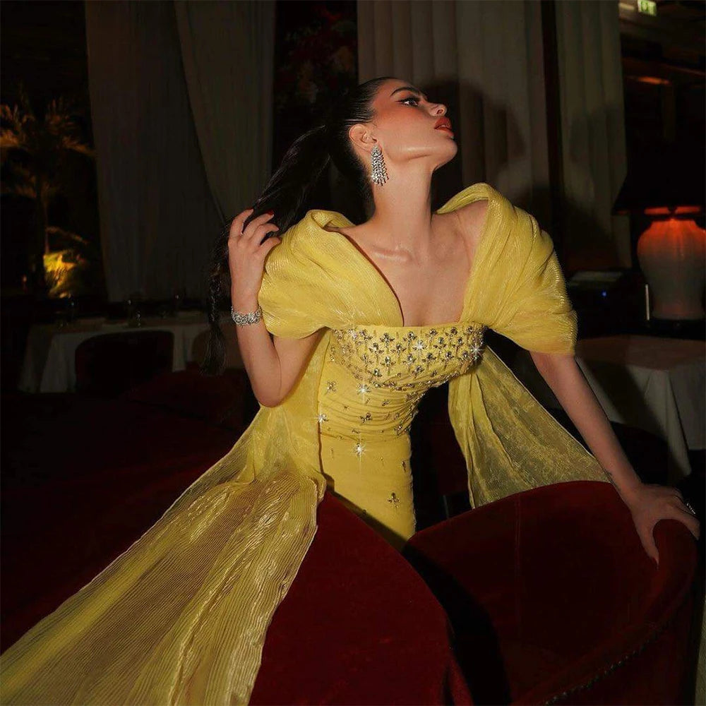 Elegant Yellow Beaded Evening Gown Dubai Style Arabic Formal Dress for Women - Perfect for Weddings, Galas & Special Occasions