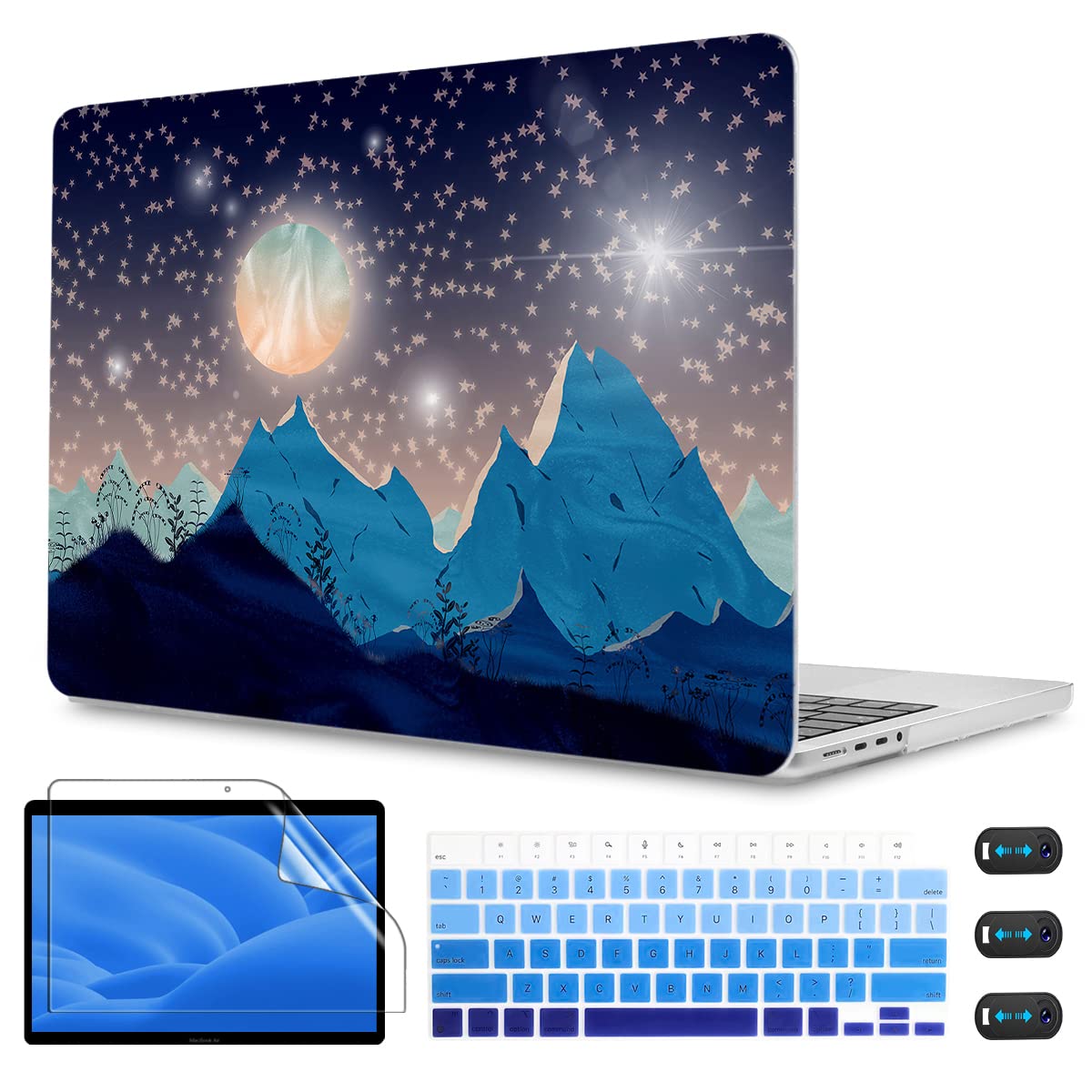 CISSOOK Moon & Mountain Scenery MacBook Pro 14 Inch Case (2021-2023 M1/M2 Chip A2442 A2779) - Abstract Star Design with Keyboard Cover & Touch ID Protection - Perfect for Work, Travel & Creative Professionals