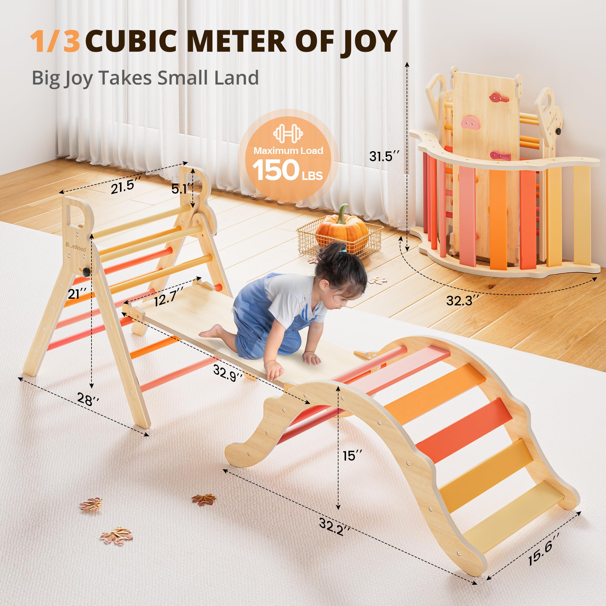 BlueWood Pikler Triangle Set - 7-in-1 Foldable Wooden Climbing Gym for Toddlers | Montessori-Inspired Indoor Play Equipment with Arch, Ramp & Ladder | Perfect for Home Playrooms, Daycares & Montessori Classrooms (Farm Charm Autumn Design)