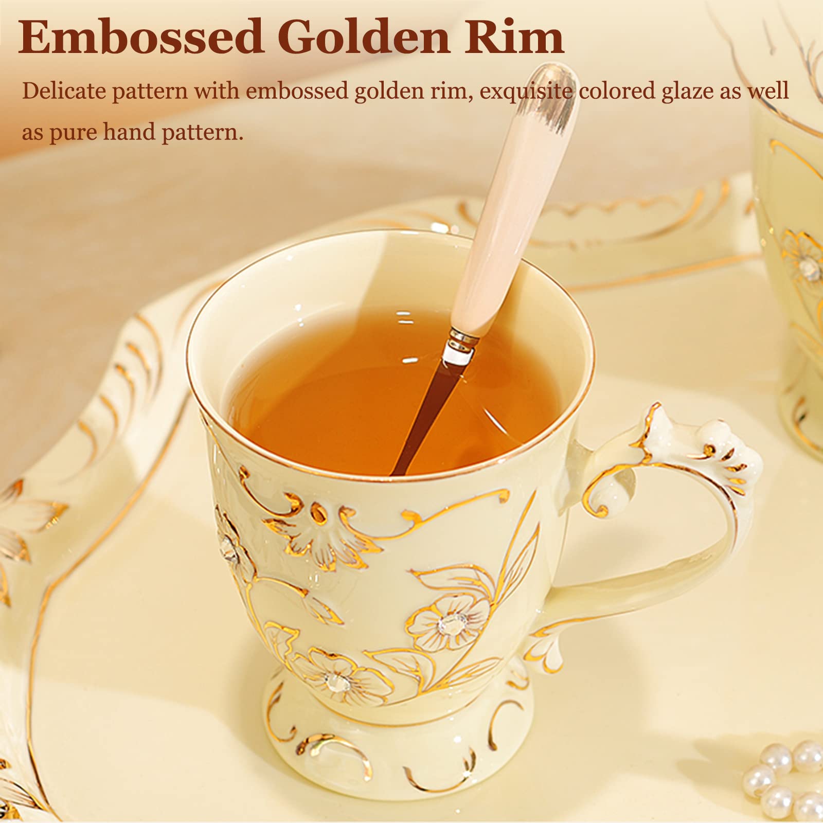 8-Piece Floral Porcelain Tea Set with Teapot, Cups, Saucers & Teaspoons - Gold Trim Hibiscus Design, Elegant China Ceramic for Afternoon Tea, Bridal Shower & Housewarming Gifts (Gift Box Included)