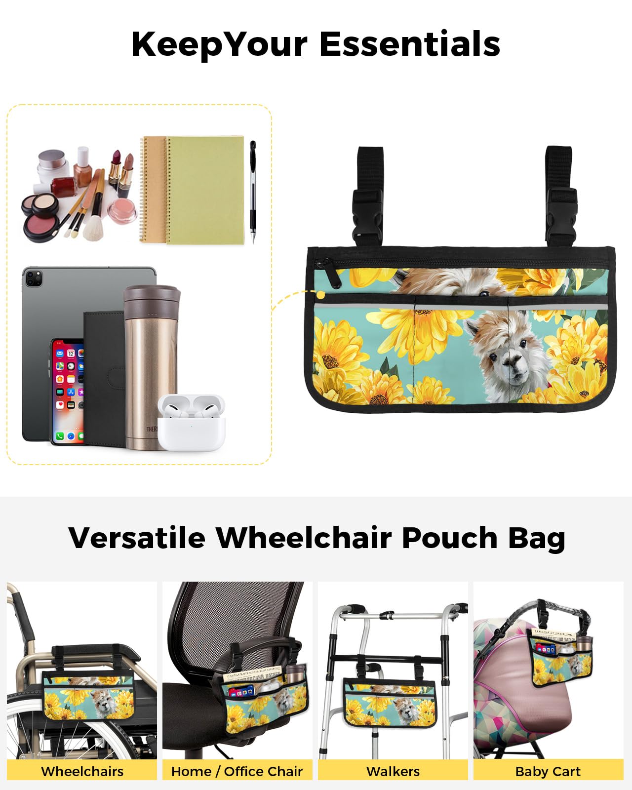 Sunflower Daisy Farm Animal Alpaca Funny Wheelchair Armrest Side Bag - Waterproof Organizer Pouch with Reflective Stripes for Wheelchairs, Walkers, Rollators & Electric Scooters - Perfect for Daily Use, Travel & Outdoor Activities