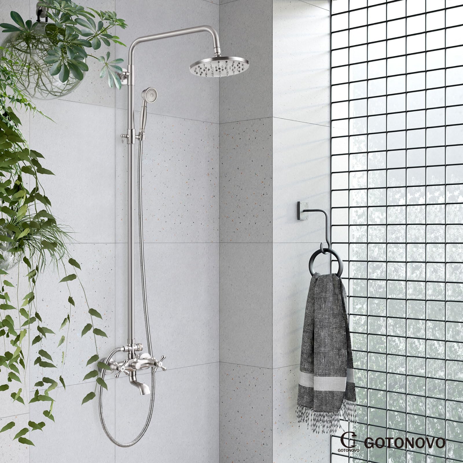 Gotonovo 8 Inch Exposed Shower Faucet Set - 3-Function Rainfall Showerhead with Tub Spout & Cross Handles - Brushed Nickel Shower System for Bathroom Remodel & Spa Experience