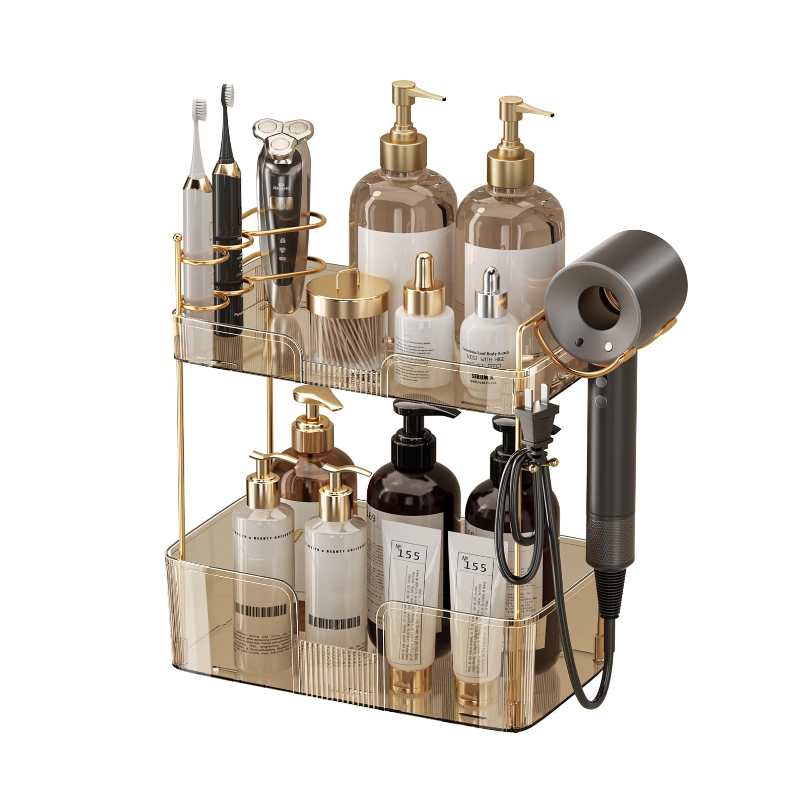 2-Tier Gold Bathroom Organizer with Hair Dryer Holder - Vanity Tray for Makeup & Skincare Storage