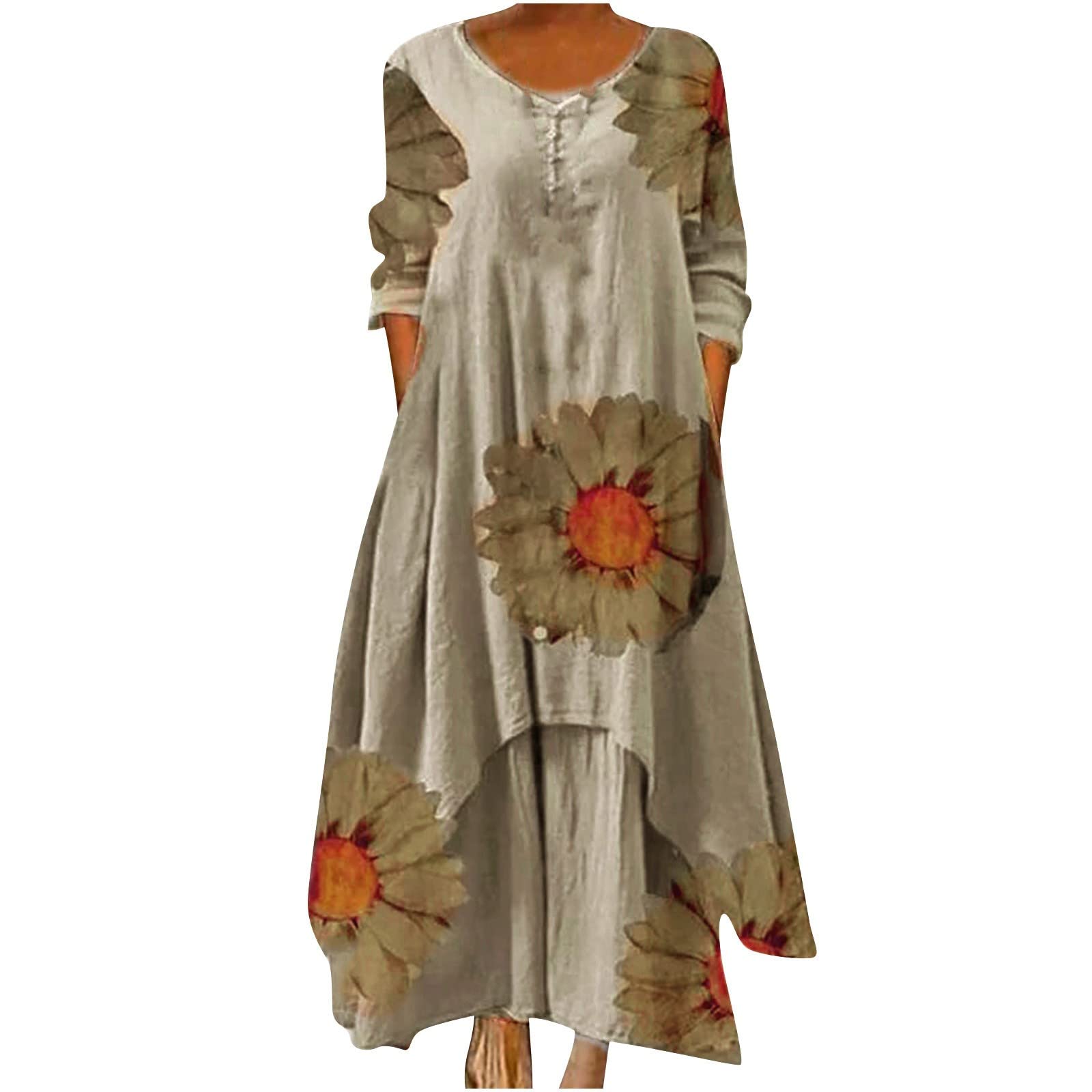 Plus Size Women's Long Sleeve Beach Dress - Floral Print Vintage Sundress with Round Neck | Perfect for Summer Vacations, Beach Outings and Casual Wear