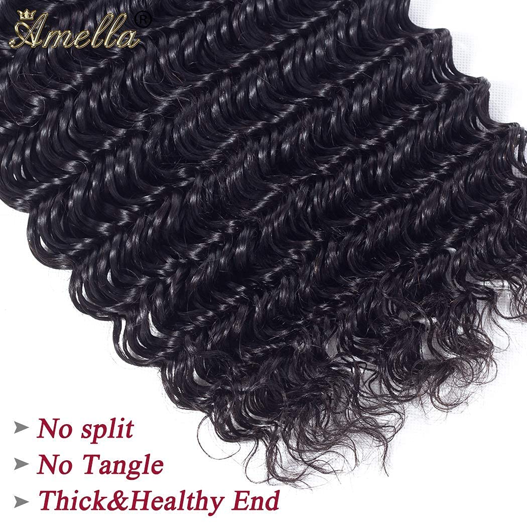 Amella Hair 8A Grade Brazilian Deep Wave Virgin Hair 3 Bundles - 100% Unprocessed Remy Human Hair in Natural Black (18, 20, 22 Inches) for Weaving, Extensions & Styling - Perfect for Daily Wear, Parties & Special Occasions